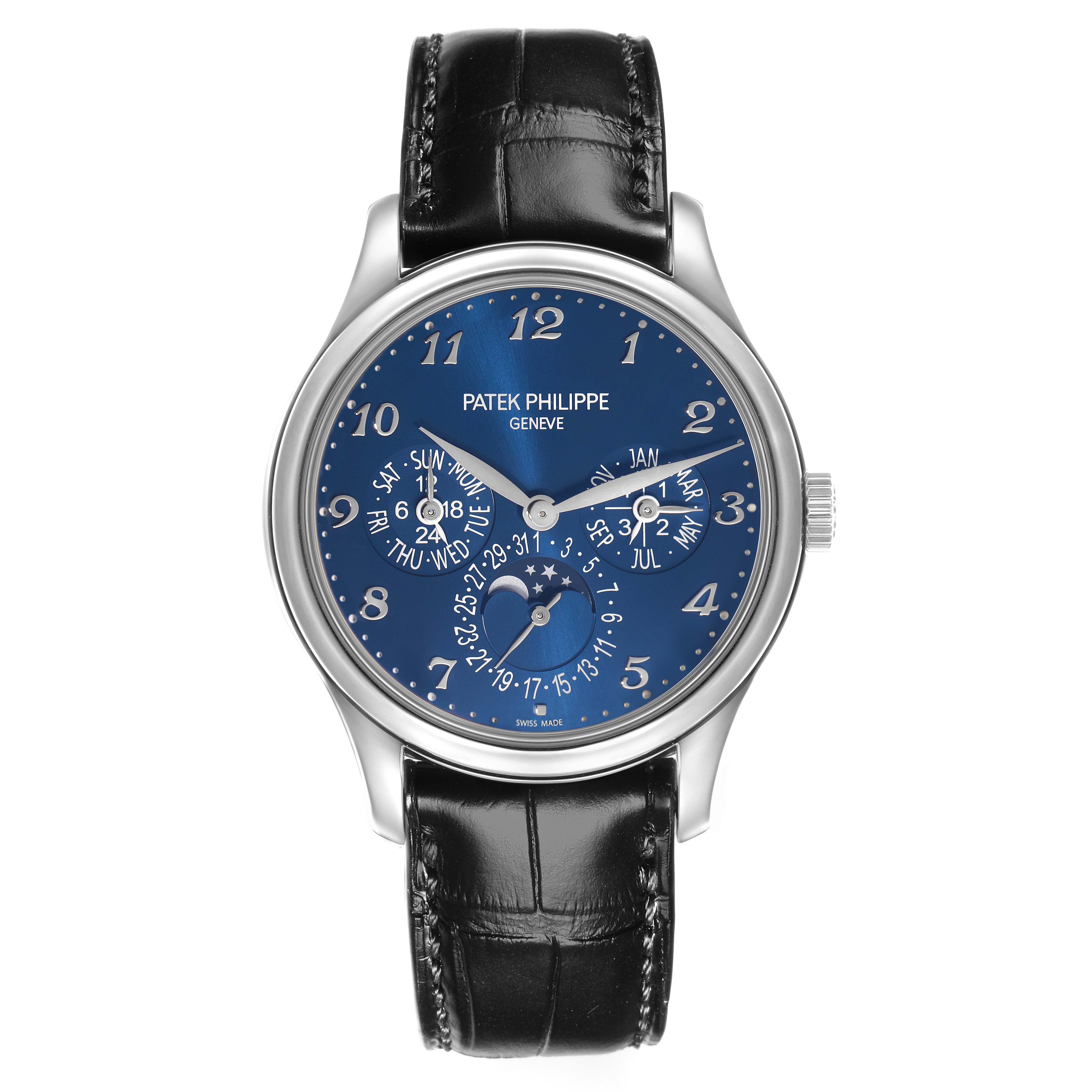 This Patek Philippe Complications 5327G-001 Men
s White Gold Blue Dial 5327G-001 Men
s White Gold Blue Dial watch is shown from the front, displaying its face, hands, subdials, and black leather strap.