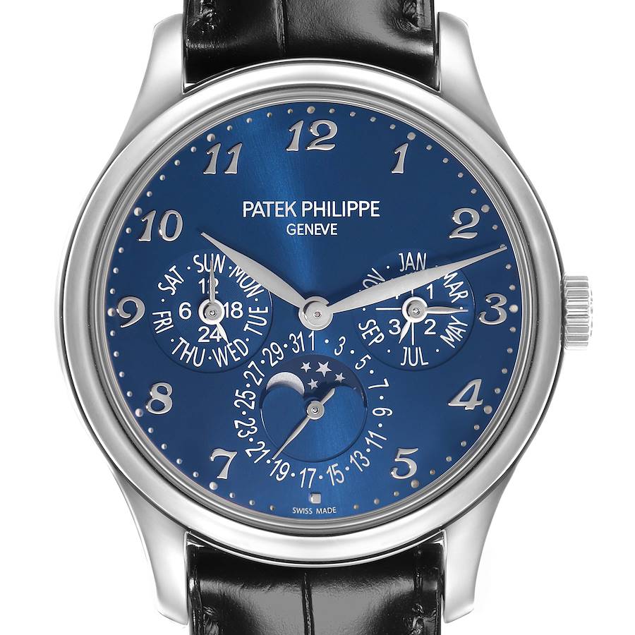 The Patek Philippe Complications is shown from the front, displaying a blue dial with multiple subdials and a moon phase.