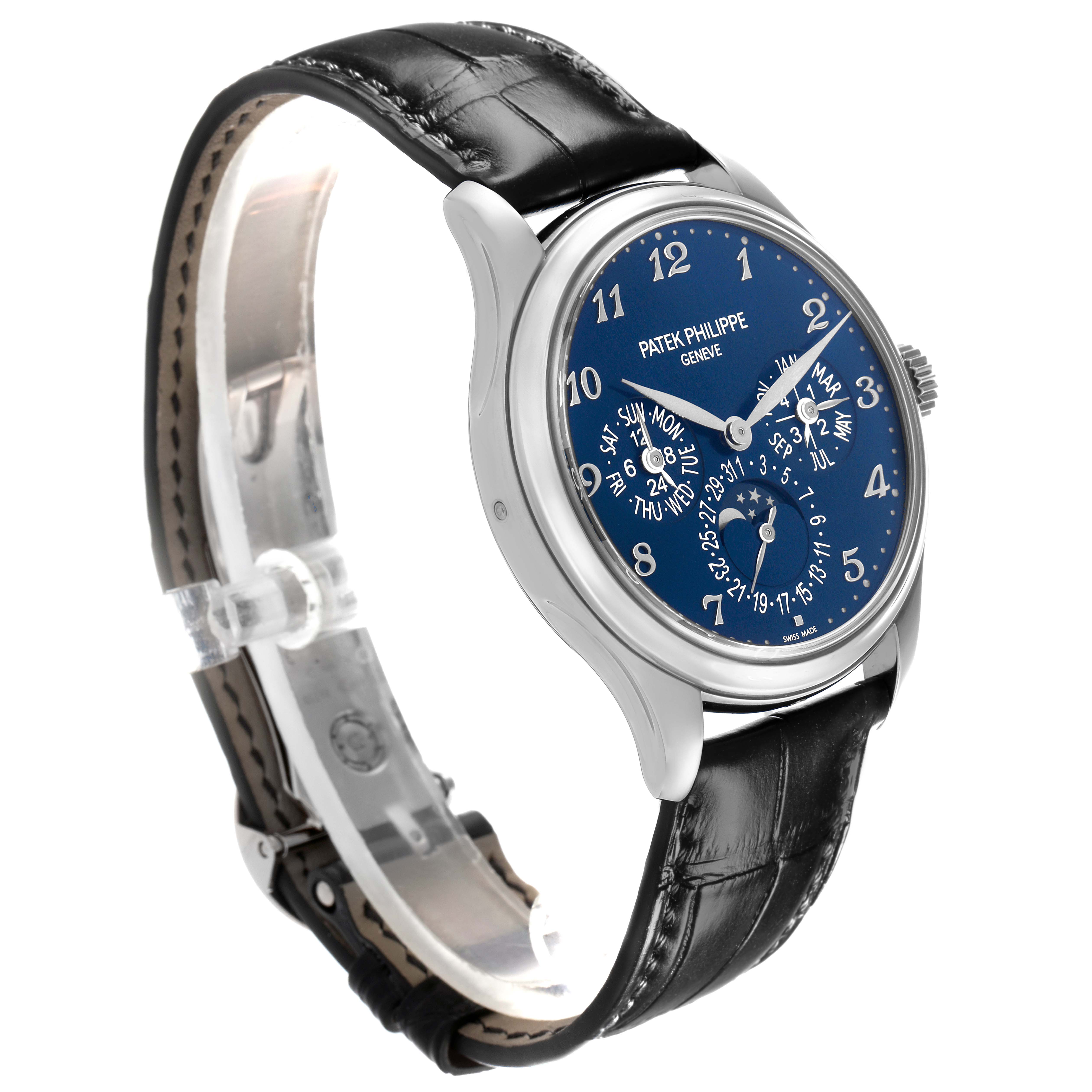 The Patek Philippe Complications 5327G-001 Men
s White Gold Blue Dial 5327G-001 Men
s White Gold Blue Dial watch is shown at a three-quarter angle, highlighting the face, case, and leather strap.