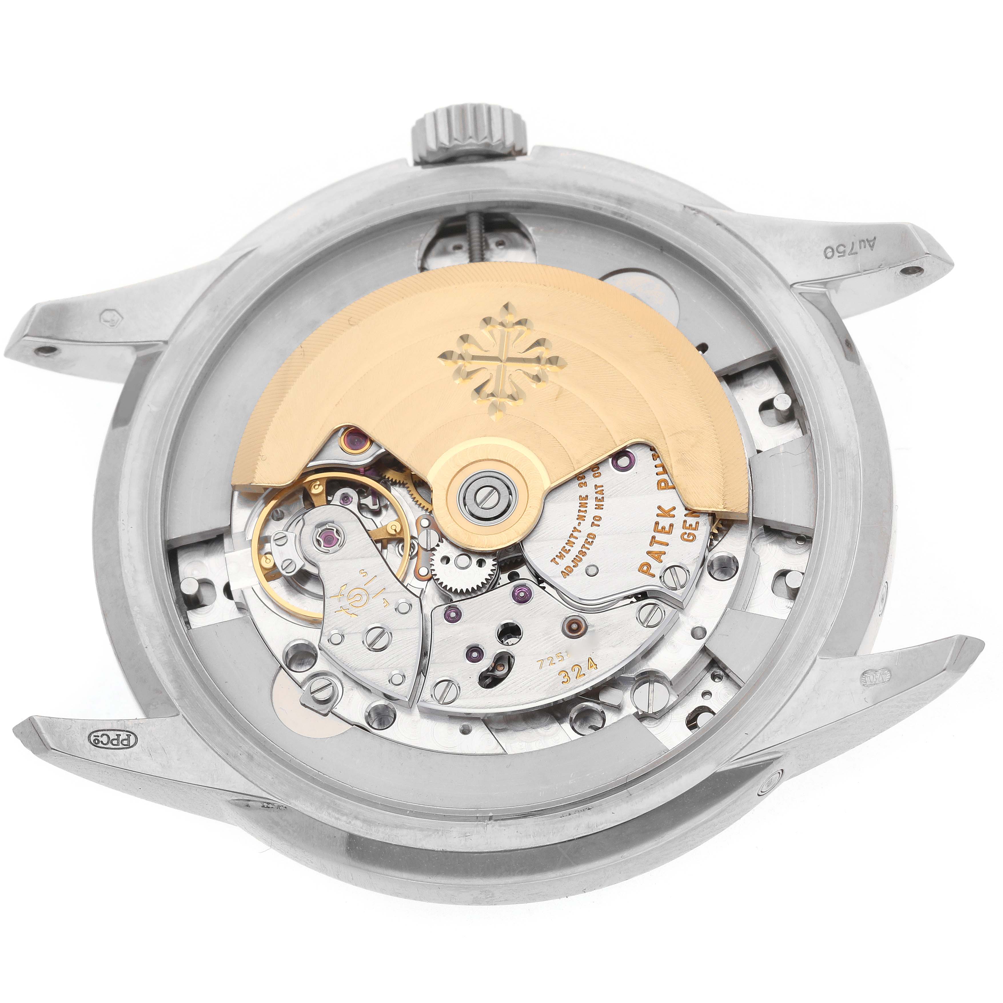 The image shows the back view of a Patek Philippe Complications 5320G-001 Men
s White Gold White Dial 5320G-001 Men
s White Gold White Dial model, highlighting the movement and rotor.