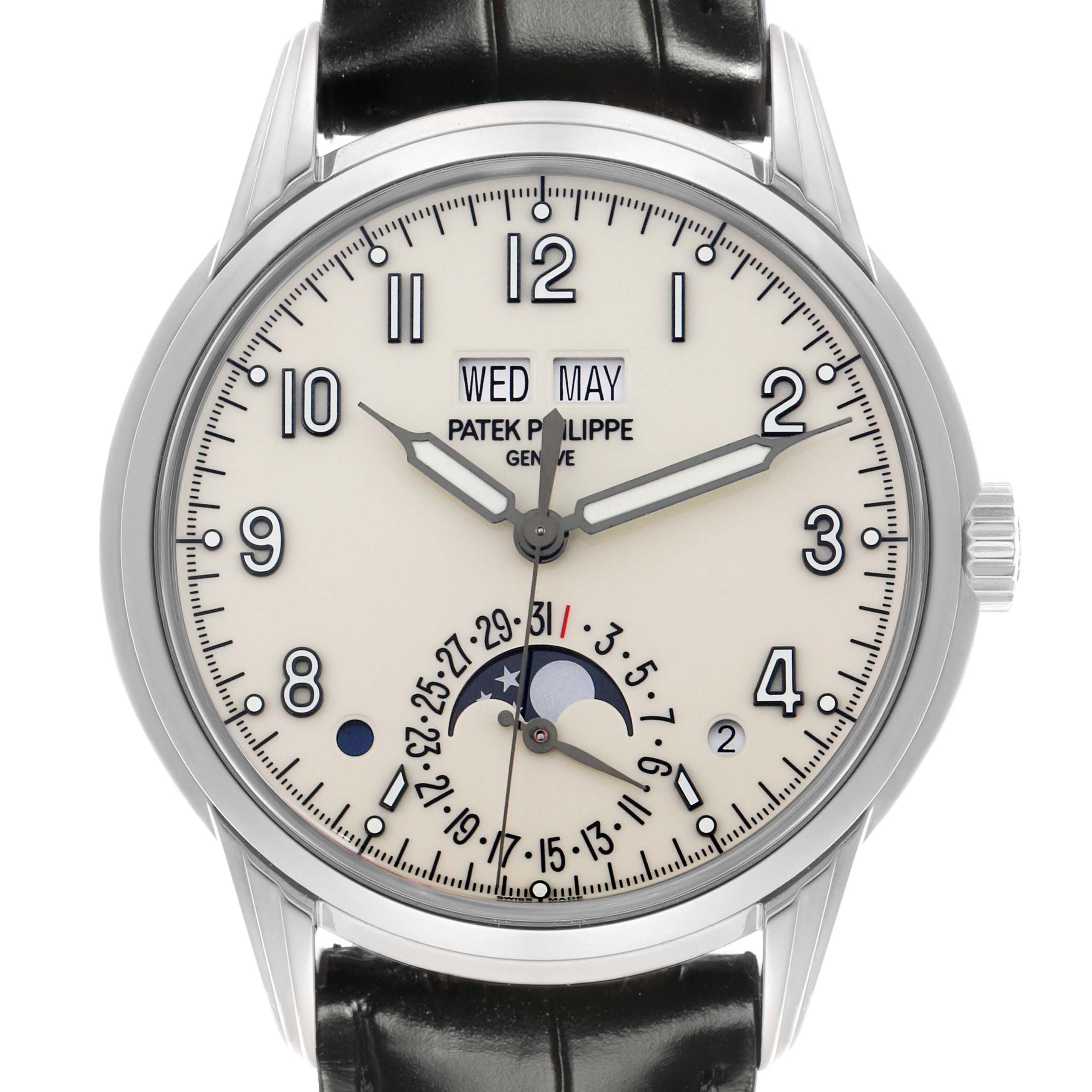 The Patek Philippe Complications 5320G-001 Men
s White Gold White Dial 5320G-001 Men
s White Gold White Dial watch is shown from the front, displaying its dial, hands, moon phase, and calendar functions.