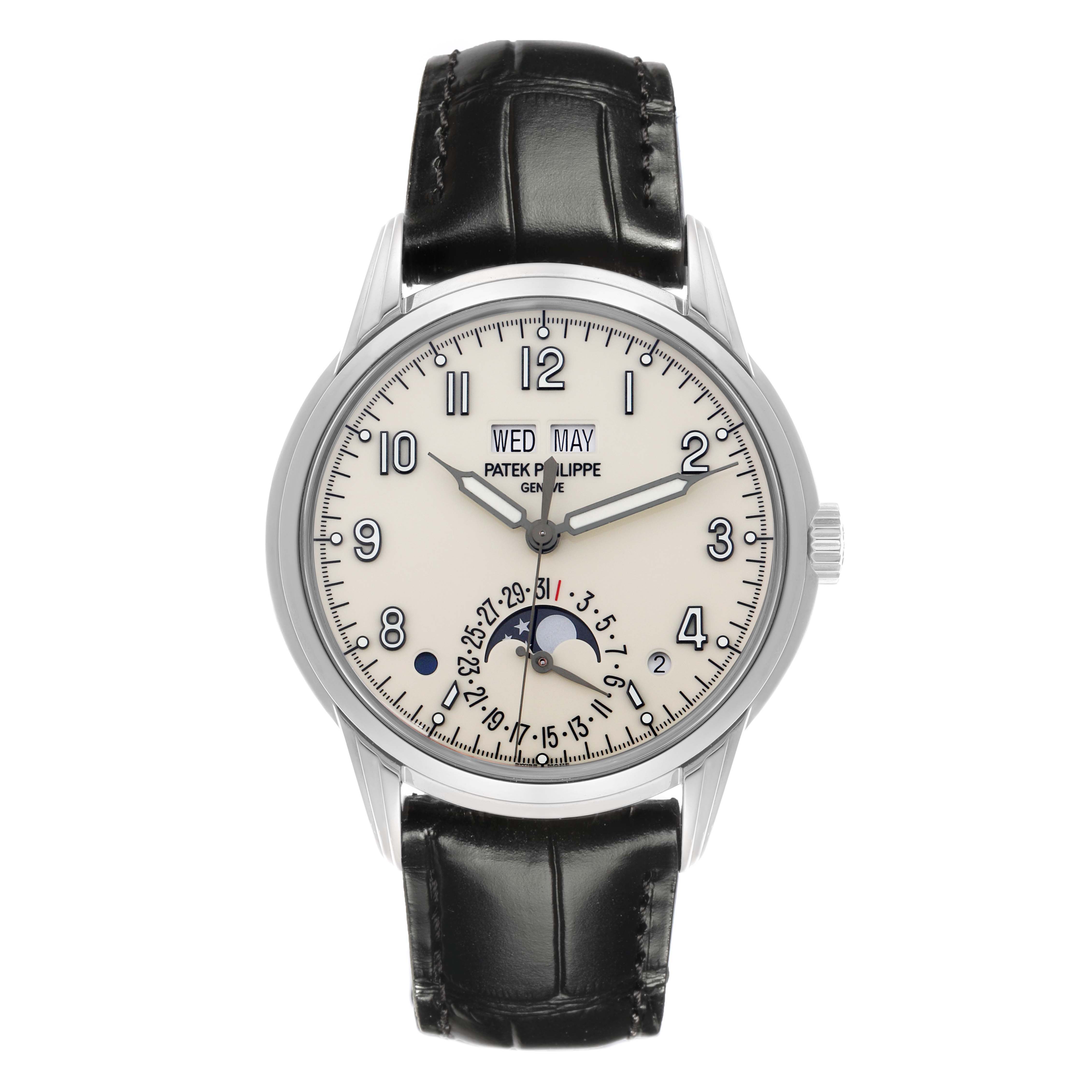 The Patek Philippe Complications 5320G-001 Men
s White Gold White Dial 5320G-001 Men
s White Gold White Dial watch is shown from the front, displaying its dial, hands, and black leather strap.