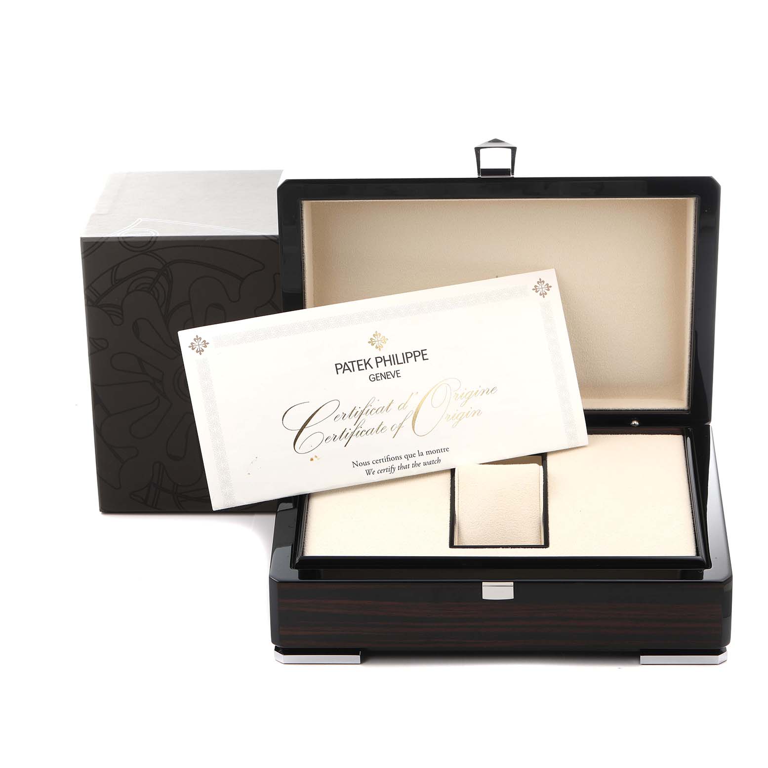 The image shows a Patek Philippe Complications 5320G-001 Men
s White Gold White Dial 5320G-001 Men
s White Gold White Dial watch box open, containing a certificate of origin and showcasing its interior.