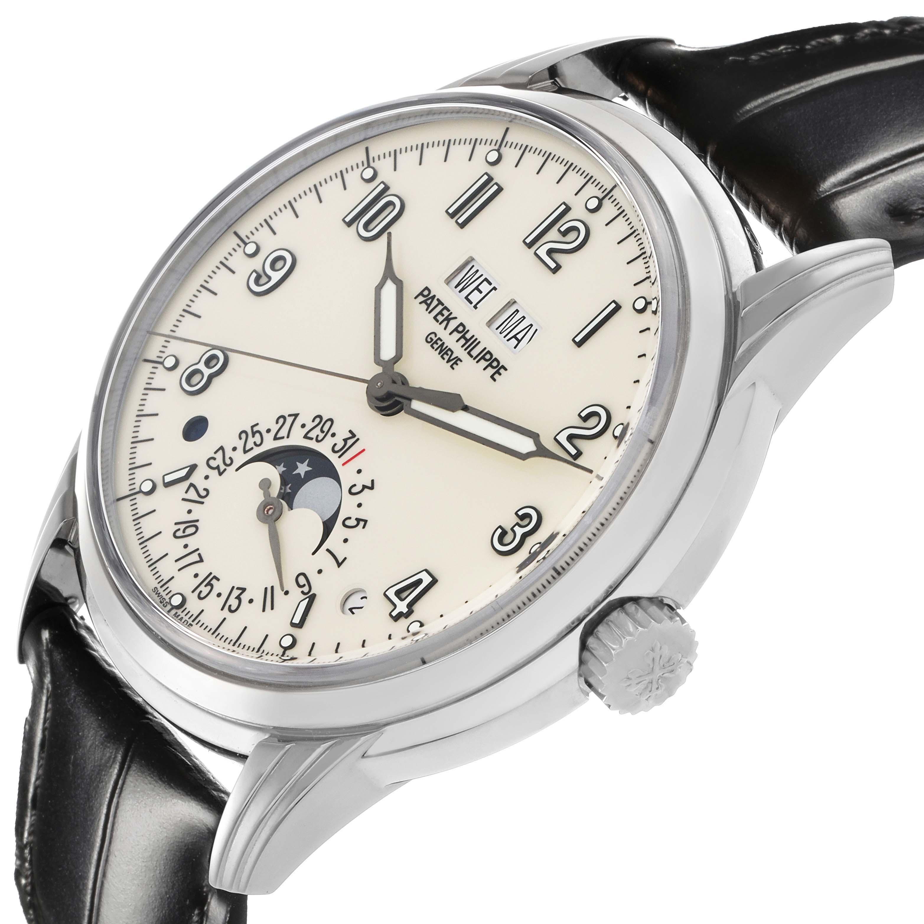 The Patek Philippe Complications 5320G-001 Men
s White Gold White Dial 5320G-001 Men
s White Gold White Dial watch is shown at an angled view, displaying the dial, case, crown, and leather strap.