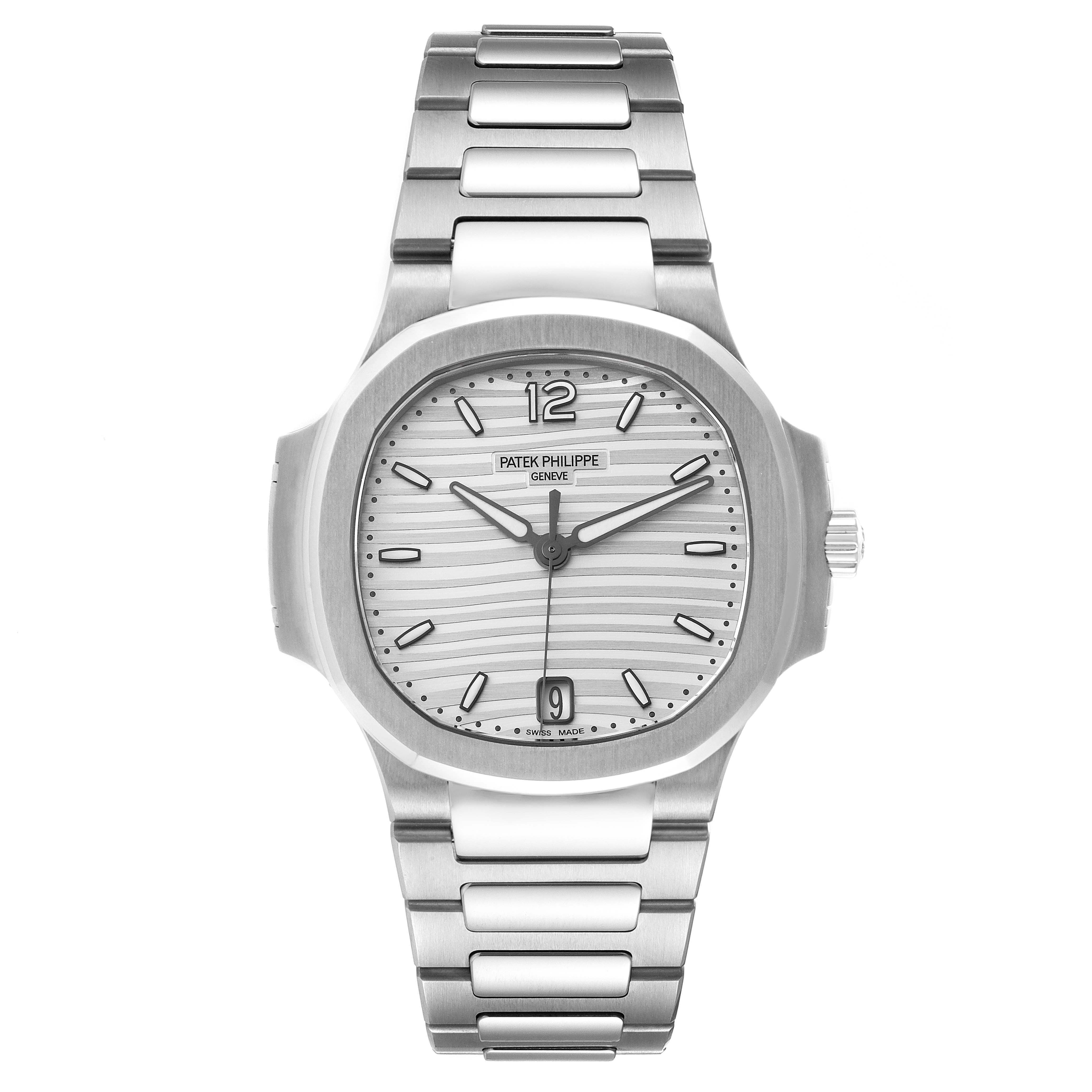 The image shows a front view of a Patek Philippe Nautilus 7118/1A -010 Men's Stainless Steel Silver Dial 7118/1A -010 Men's Stainless Steel Silver Dial watch, highlighting its dial, hands, bracelet, and crown.