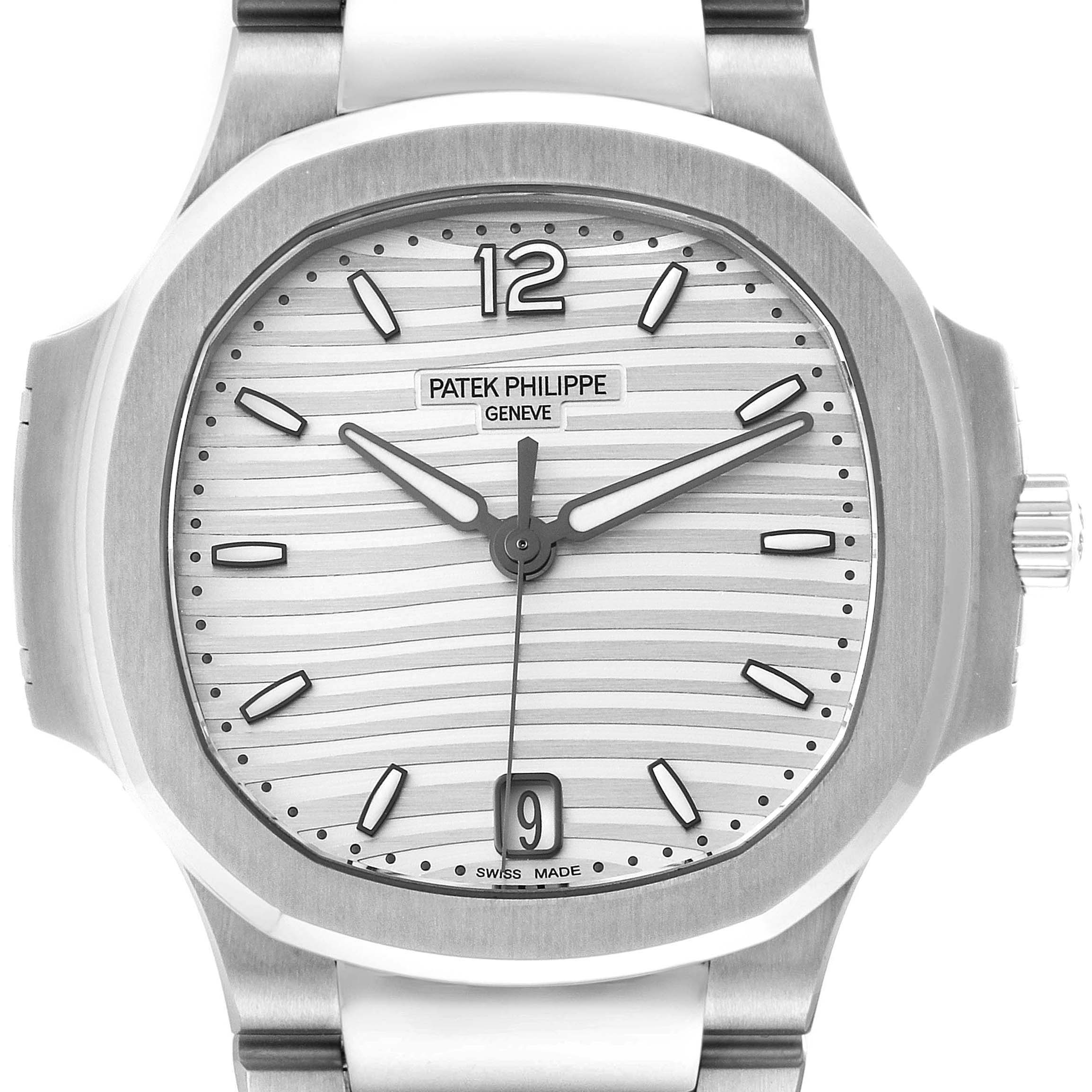 The image shows a frontal view of the Patek Philippe Nautilus 7118/1A -010 Men's Stainless Steel Silver Dial 7118/1A -010 Men's Stainless Steel Silver Dial watch, highlighting the dial, hands, and date display.