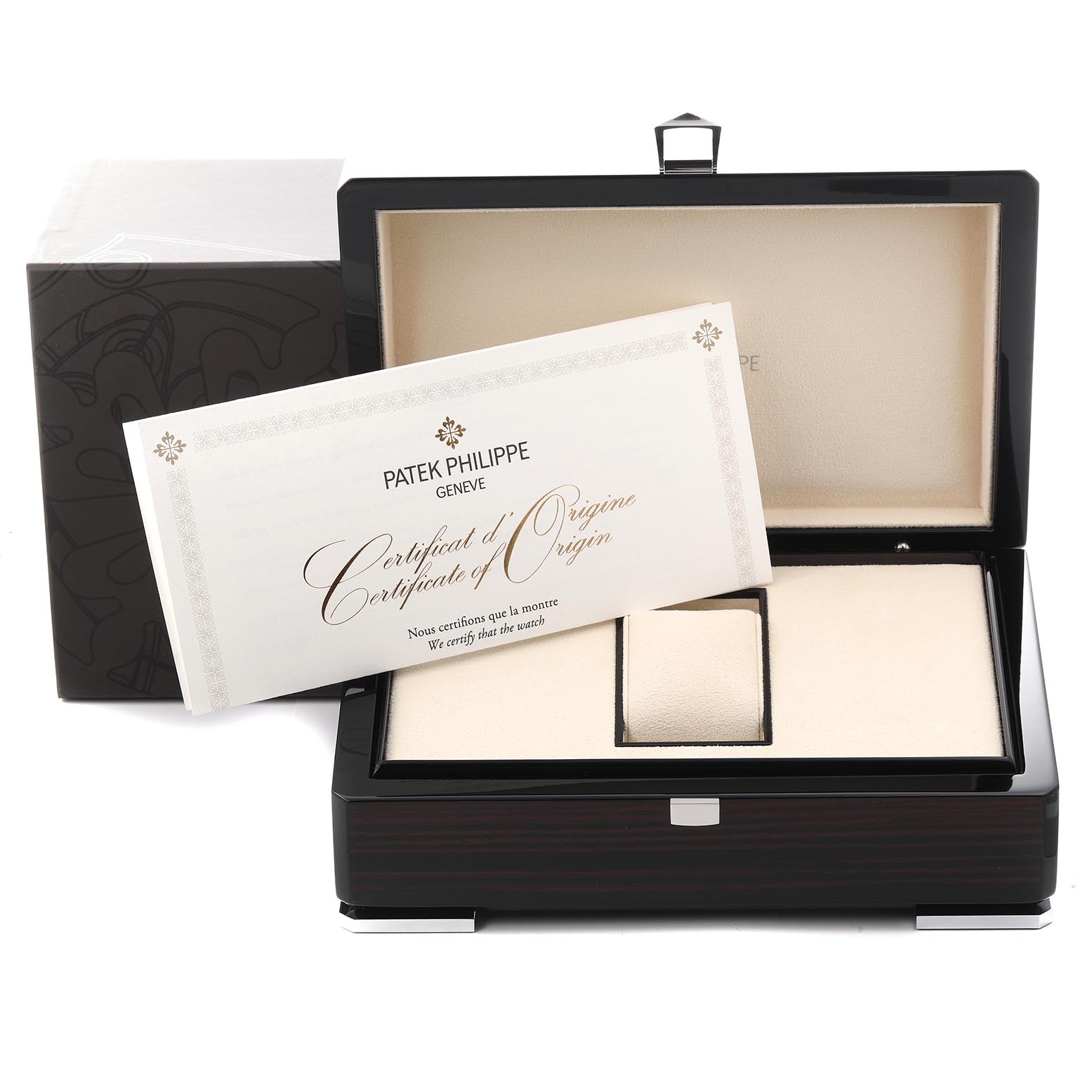 The image shows an open Patek Philippe Complications 7130G-016 Men
s White Gold Blue Dial 7130G-016 Men
s White Gold Blue Dial watch box with a certificate of origin placed inside.