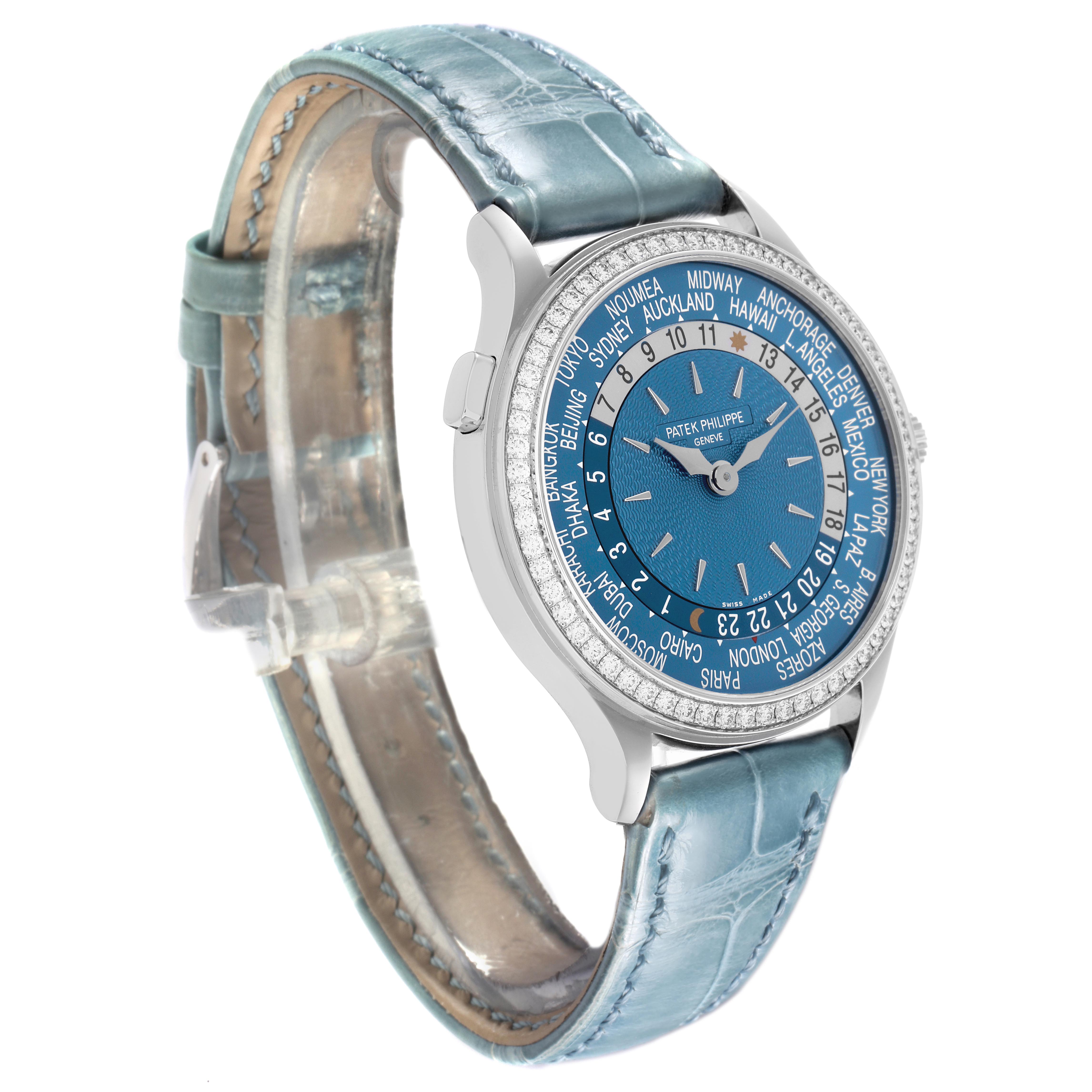 The Patek Philippe Complications 7130G-016 Men
s White Gold Blue Dial 7130G-016 Men
s White Gold Blue Dial watch is shown at a slight angle, highlighting the face and blue leather strap.