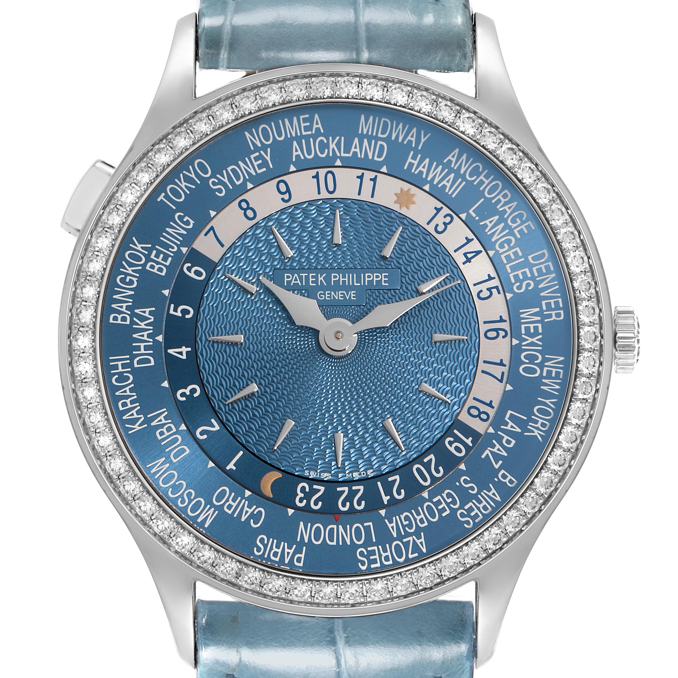 The Patek Philippe Complications 7130G-016 Men
s White Gold Blue Dial 7130G-016 Men
s White Gold Blue Dial model is shown from the front, displaying its detailed dial with world time zones.