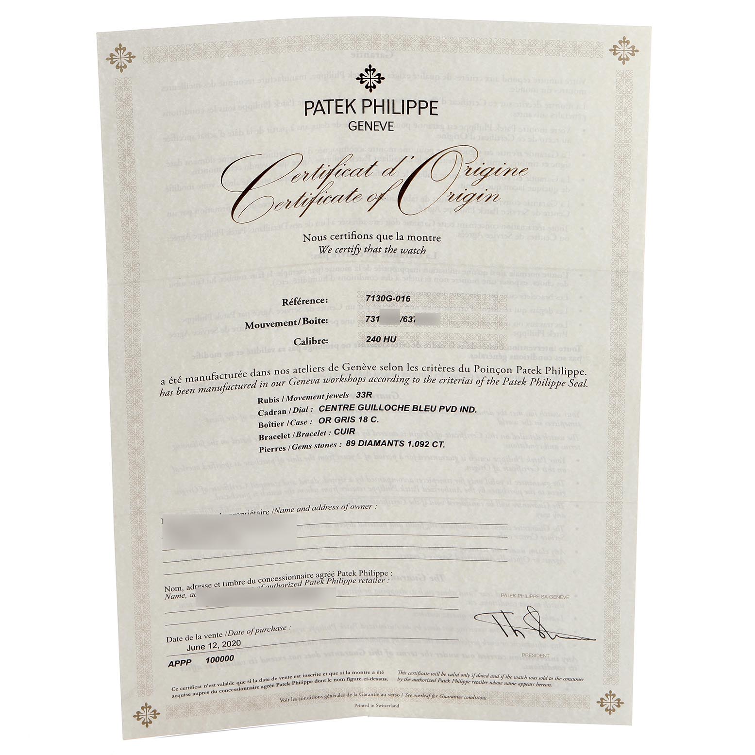 This image shows a Patek Philippe Complications 7130G-016 Men
s White Gold Blue Dial 7130G-016 Men
s White Gold Blue Dial model certificate of origin, detailing specifics like reference number and purchase date.