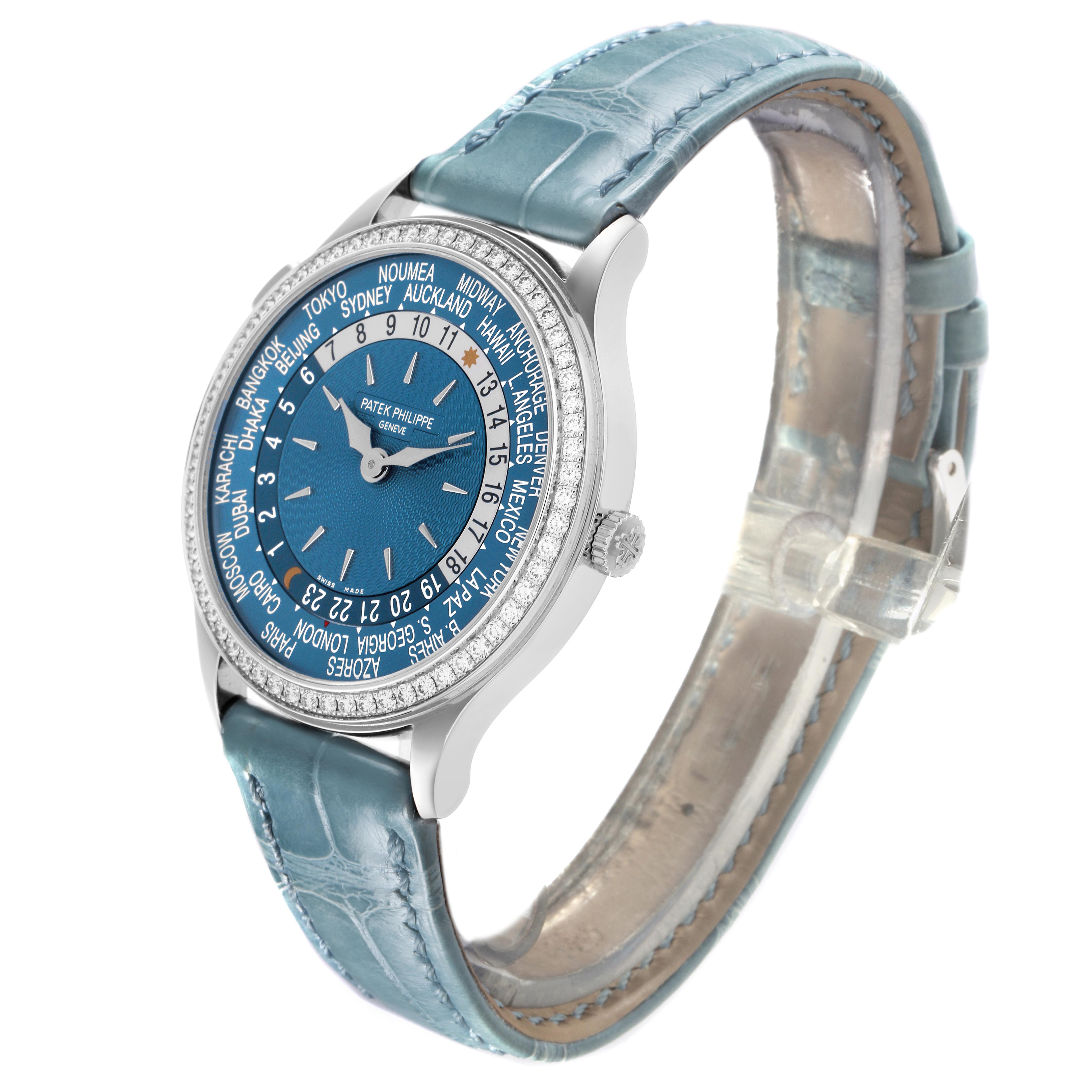 The Patek Philippe Complications 7130G-016 Men
s White Gold Blue Dial 7130G-016 Men
s White Gold Blue Dial watch is shown at a three-quarter angle, highlighting the face, bezel, and strap.