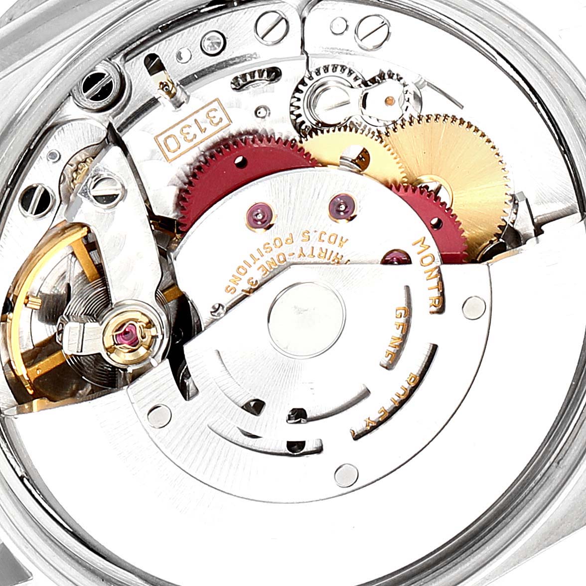 The image shows a close-up of the intricate mechanical movement of the Rolex Air-King 14010 Men's Stainless Steel Black Dial 14010 Men's Stainless Steel Black Dial watch.