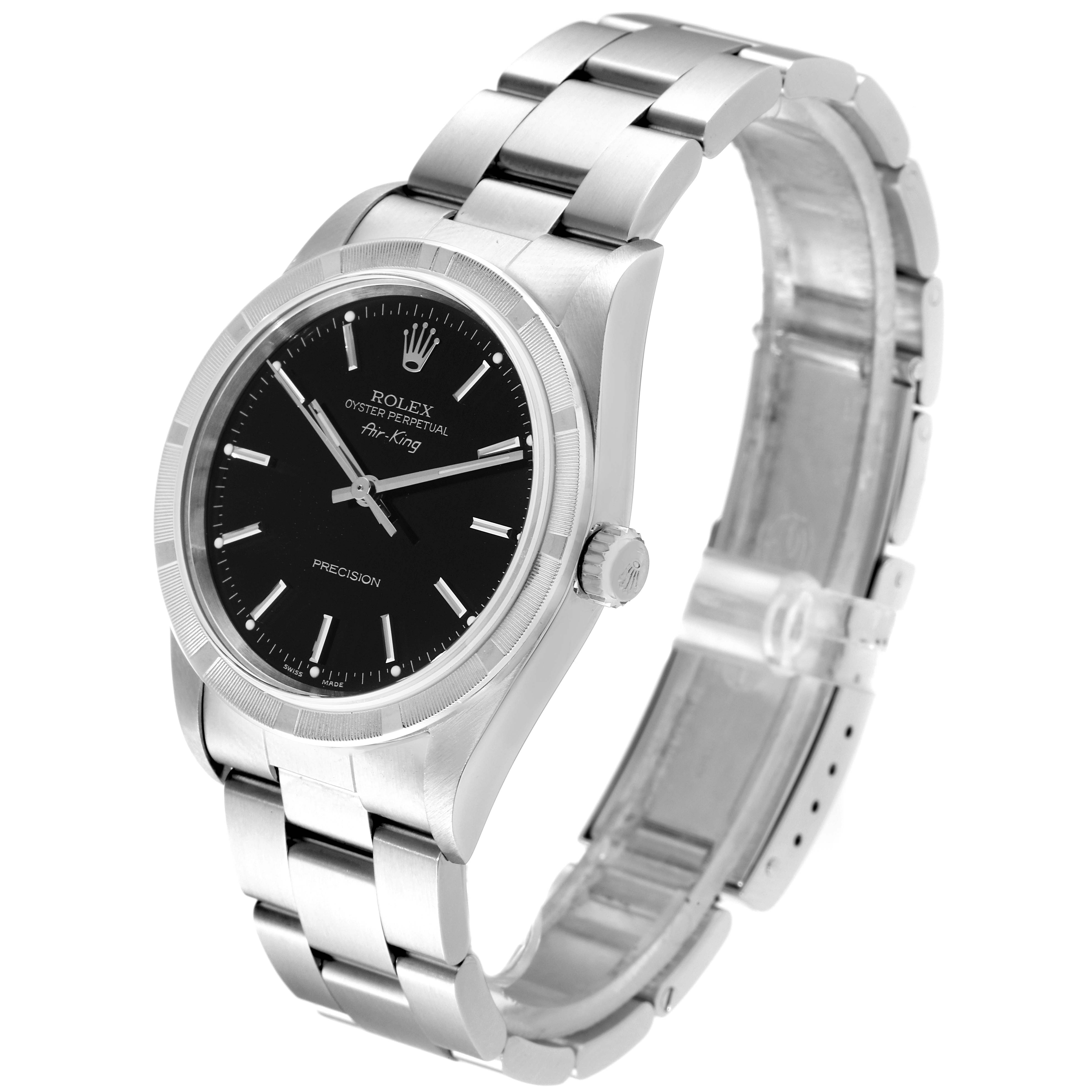 The Rolex Air-King 14010 Men's Stainless Steel Black Dial 14010 Men's Stainless Steel Black Dial watch is shown at a slight angle, displaying the face, crown, and part of the bracelet.