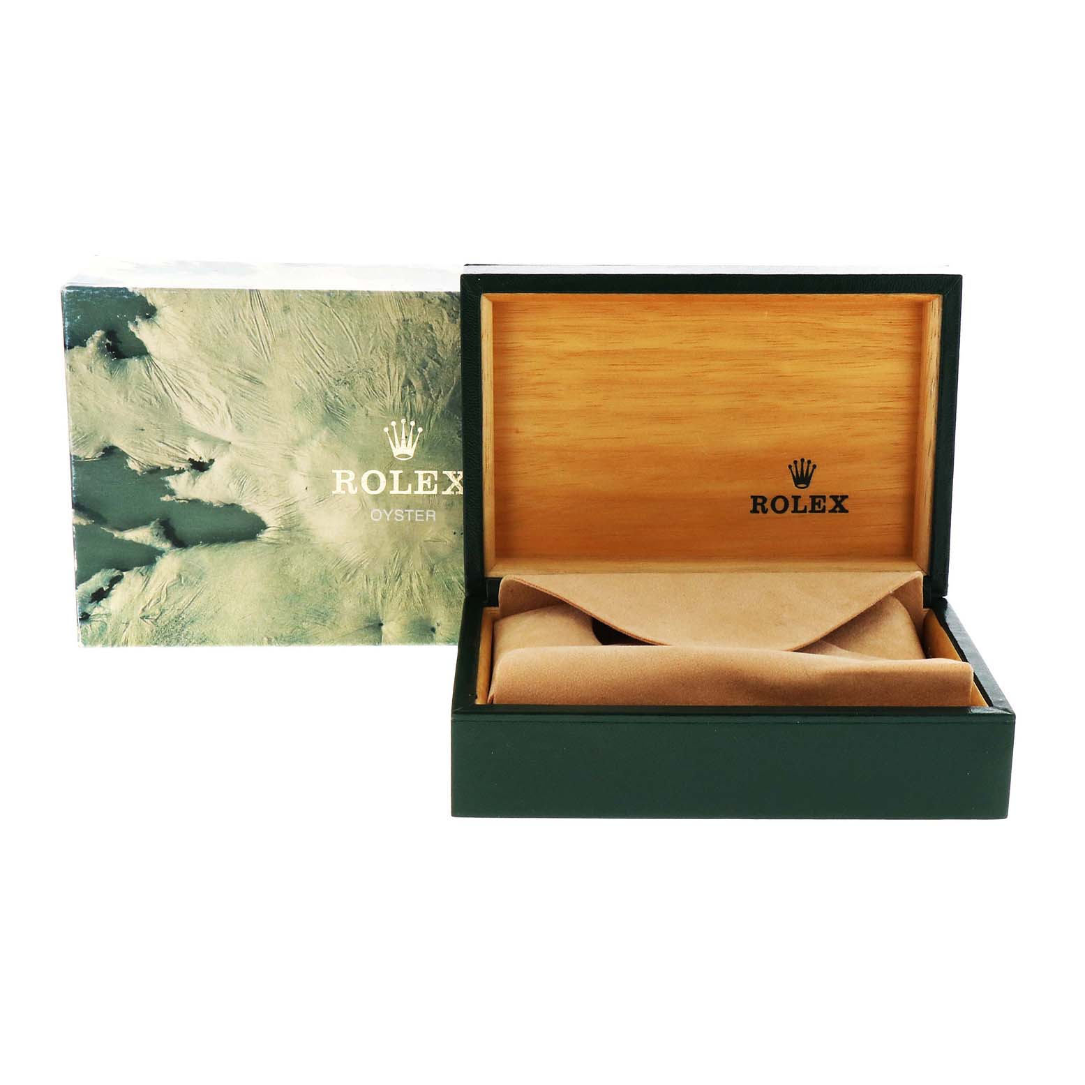 The image shows the open wooden and leather box of a Rolex Air-King 14010 Men's Stainless Steel Black Dial 14010 Men's Stainless Steel Black Dial watch, with outer packaging behind it.