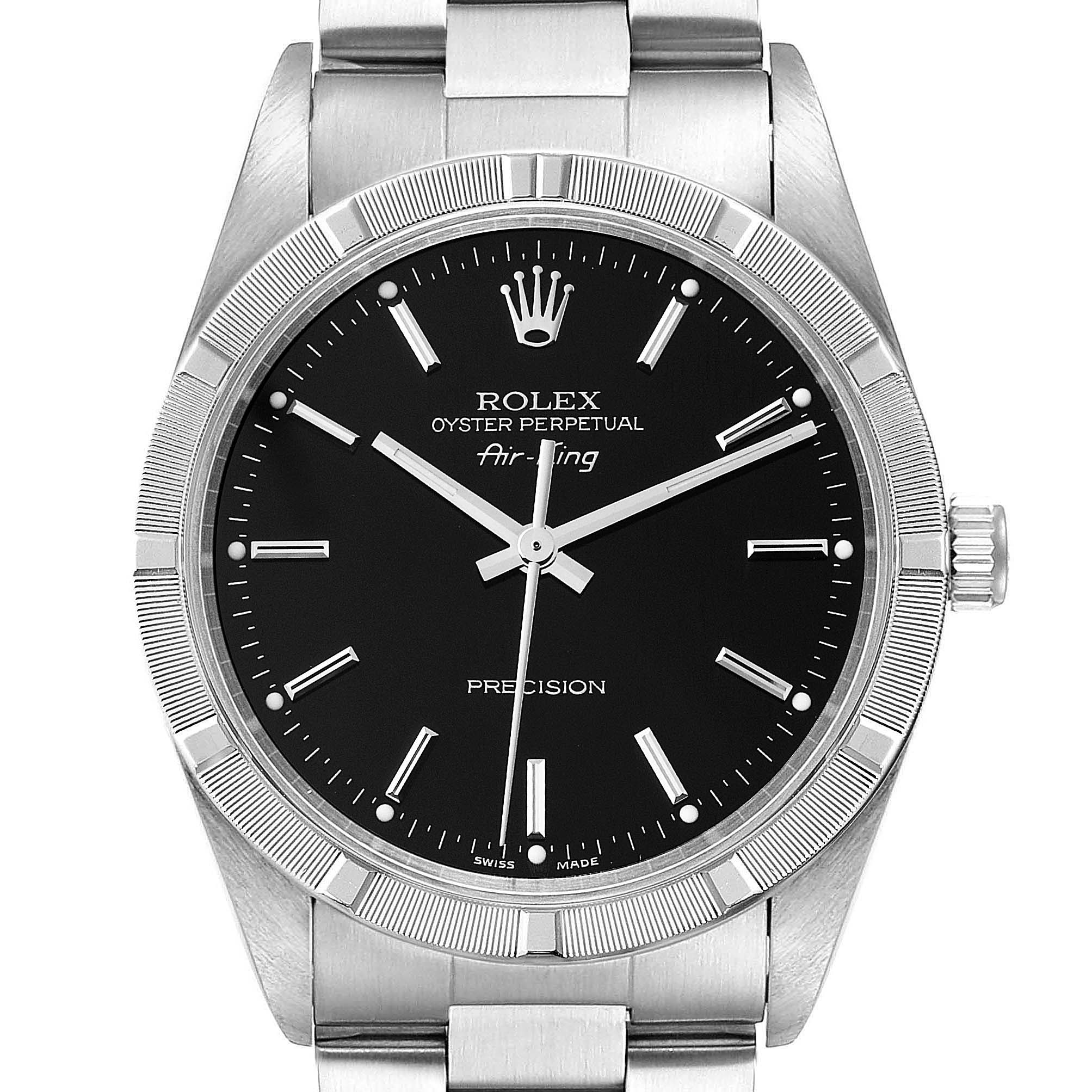The image shows a front view of a Rolex Air-King 14010 Men's Stainless Steel Black Dial 14010 Men's Stainless Steel Black Dial watch, displaying its dial, bezel, and part of the bracelet.