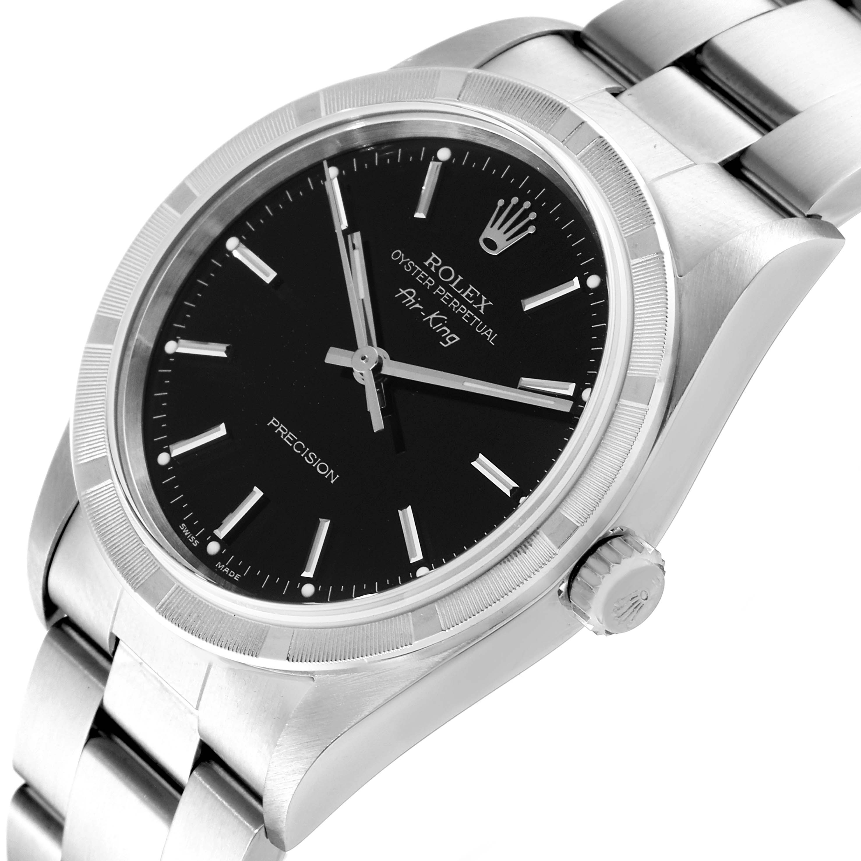 The image shows a close-up angled view of a Rolex Air-King 14010 Men's Stainless Steel Black Dial 14010 Men's Stainless Steel Black Dial watch, highlighting its black dial, silver bezel, and part of the metal bracelet.