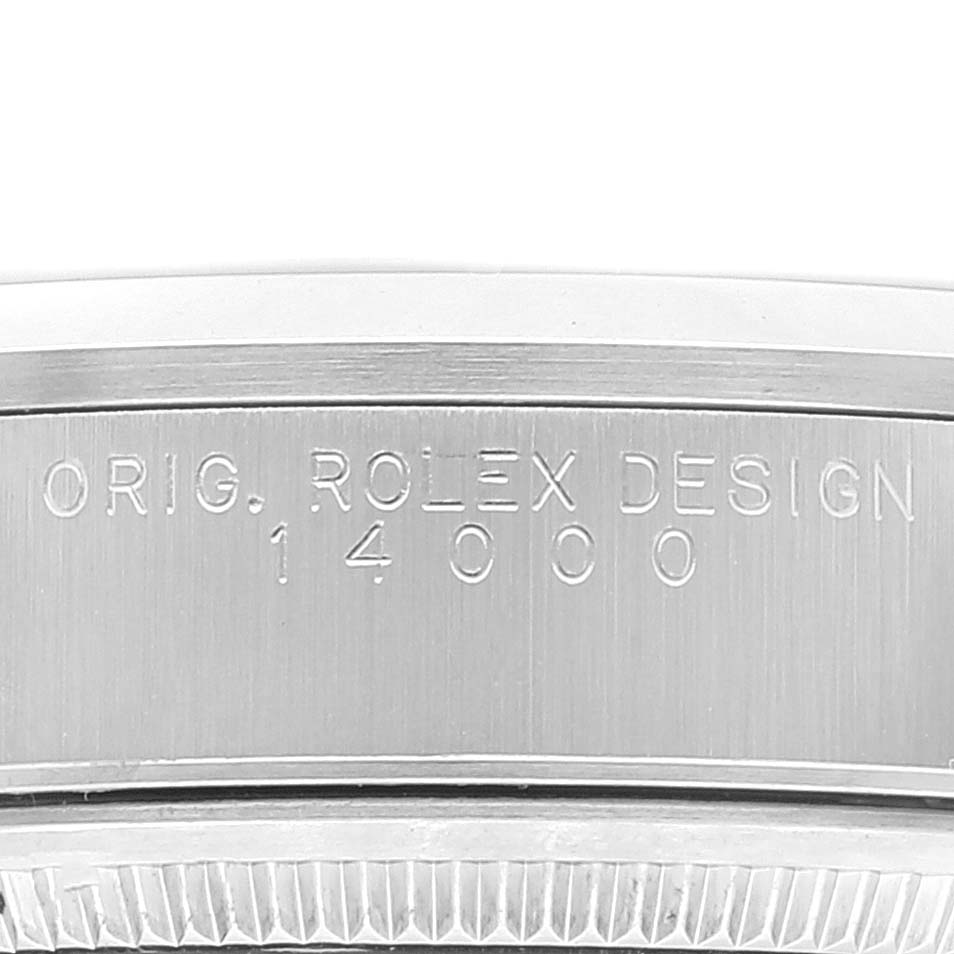The image shows a close-up of the case side of a Rolex Air-King 14000 Men's Stainless Steel Black Dial 14000 Men's Stainless Steel Black Dial model, focusing on the engraved "ORIG. ROLEX DESIGN 14000."