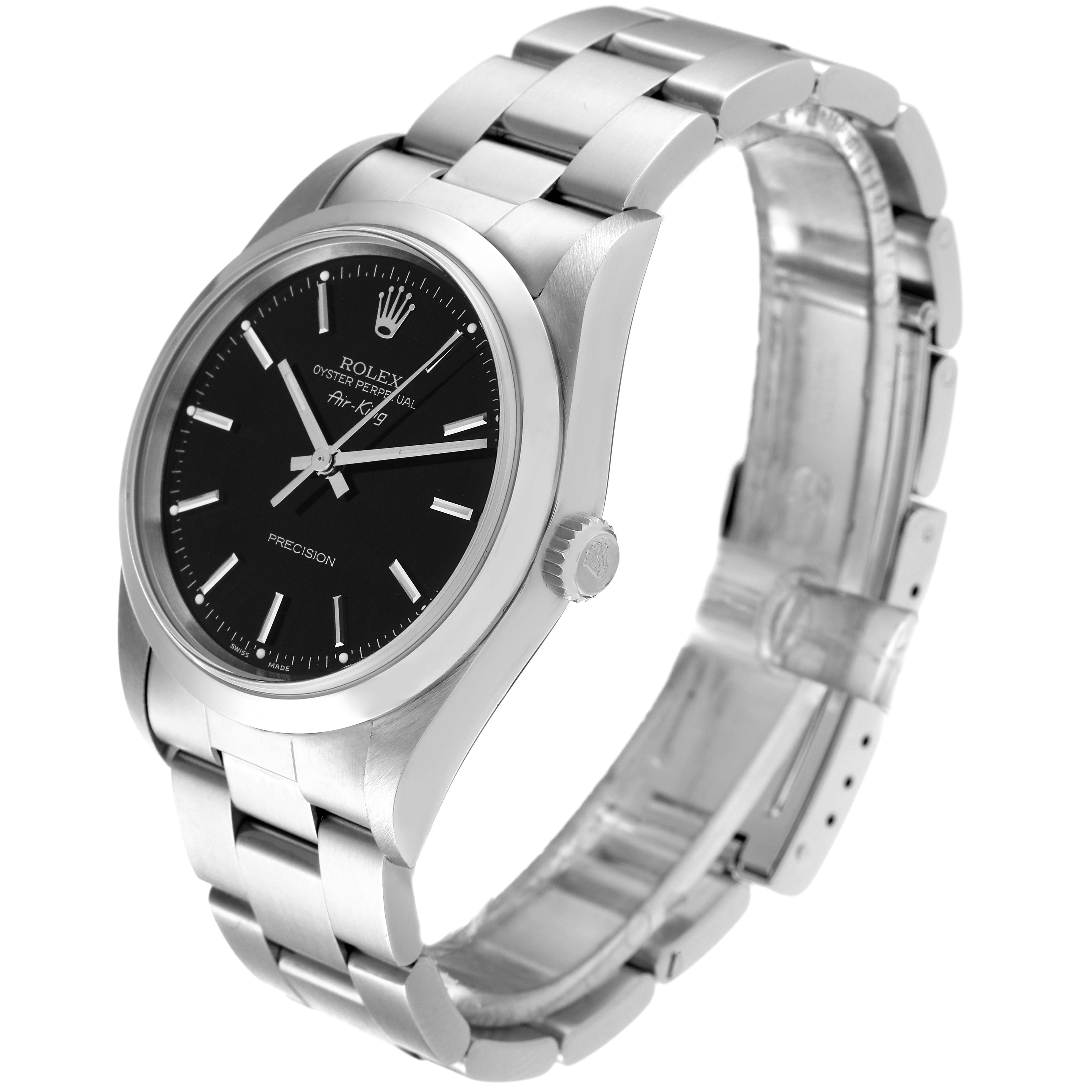 The image shows a side view of a Rolex Air-King 14000 Men's Stainless Steel Black Dial 14000 Men's Stainless Steel Black Dial watch, highlighting its stainless steel case, bracelet, and black dial.