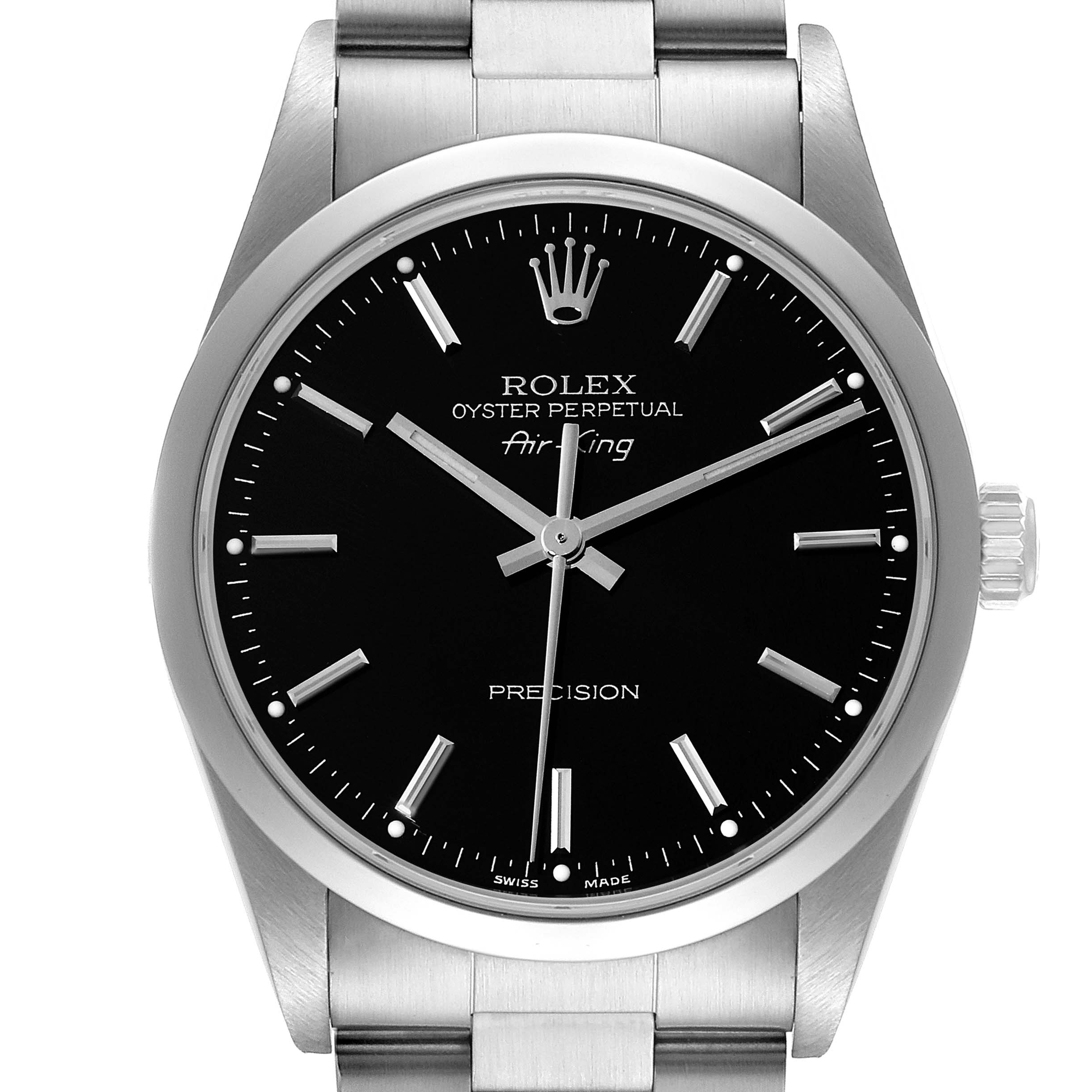 The image shows a front view of a Rolex Air-King 14000 Men's Stainless Steel Black Dial 14000 Men's Stainless Steel Black Dial, displaying the watch face, bezel, and part of the bracelet.