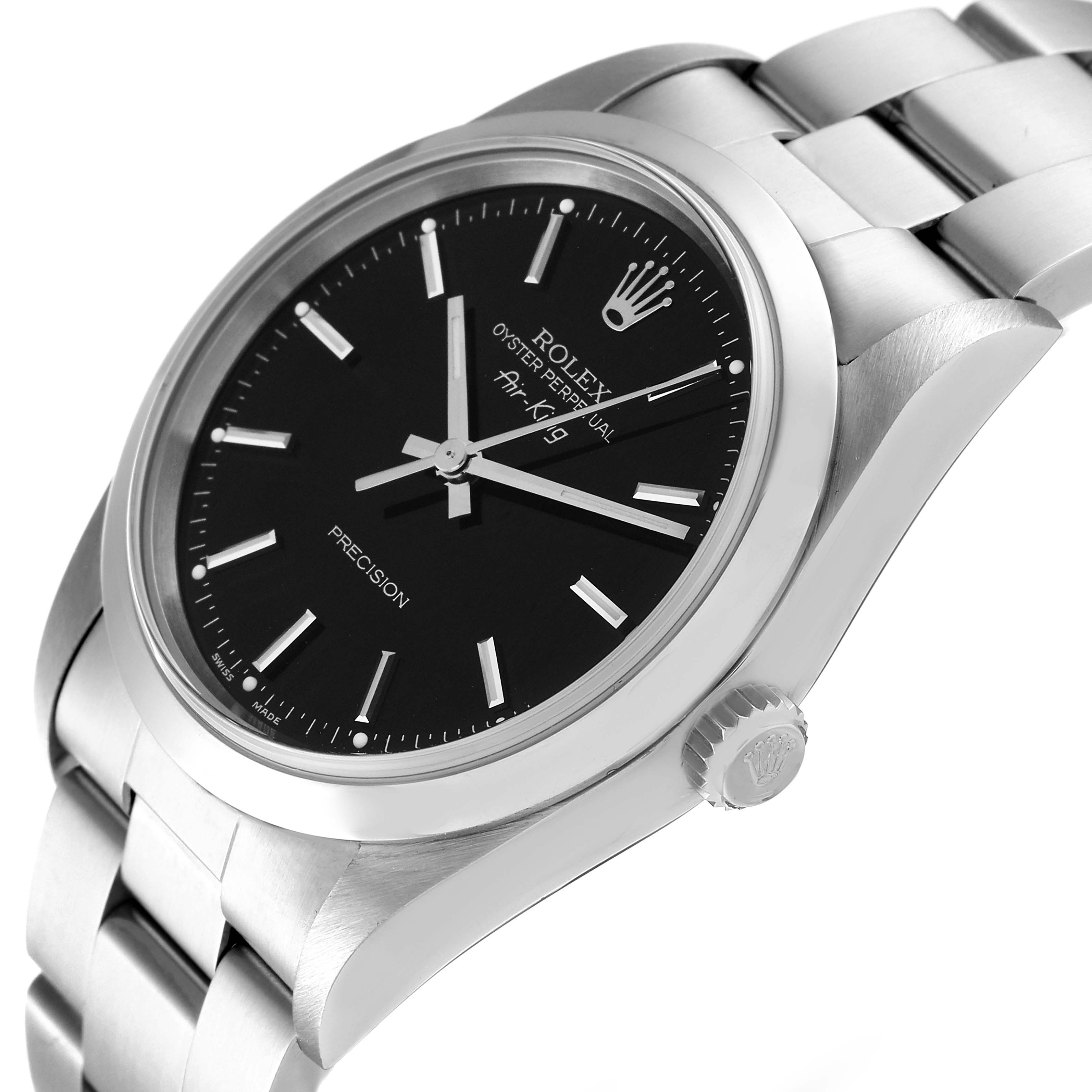 This image shows the Rolex Air-King 14000 Men's Stainless Steel Black Dial 14000 Men's Stainless Steel Black Dial watch from a side angle, highlighting its dial, case, and part of the bracelet.