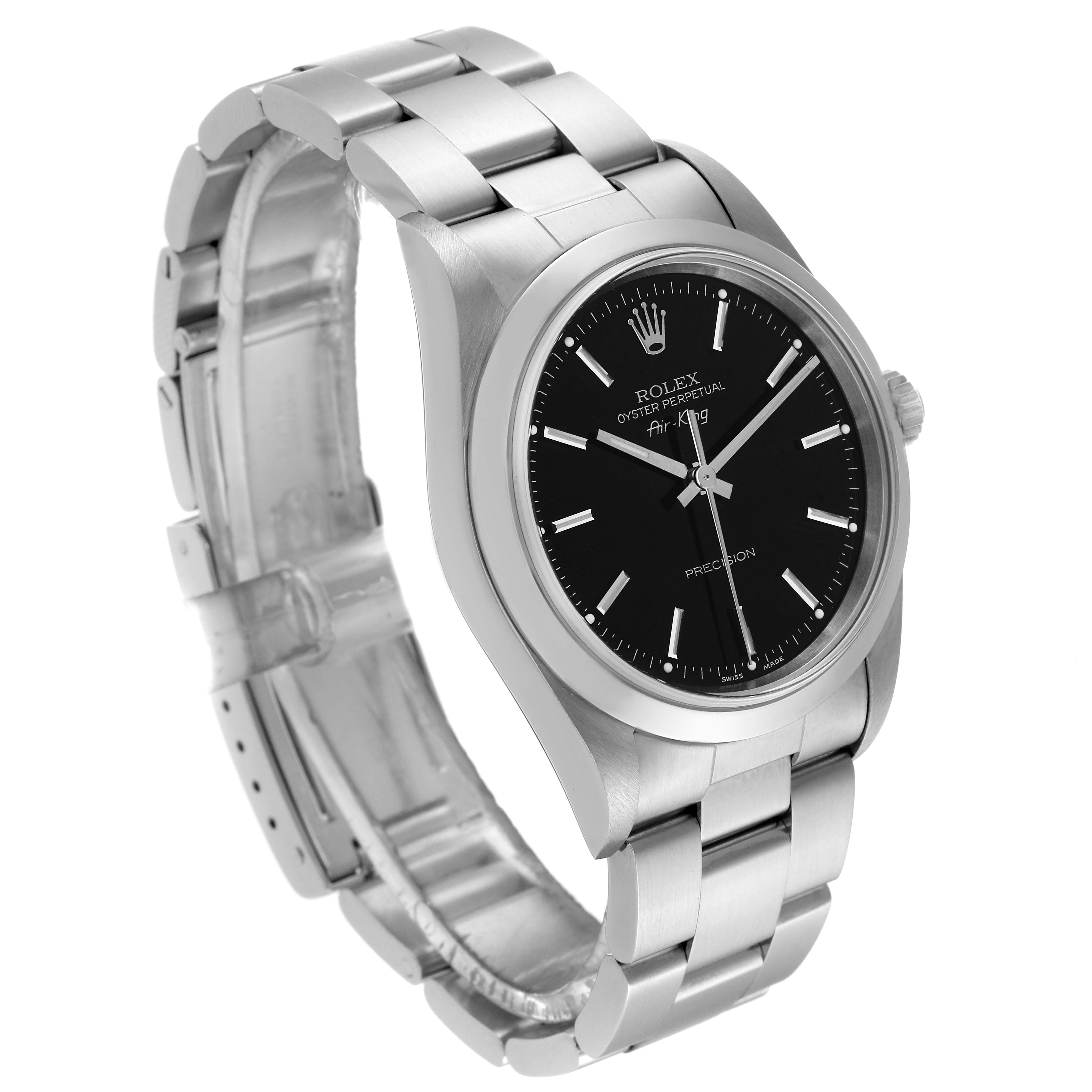 This image shows a side and front angle of the Rolex Air-King 14000 Men's Stainless Steel Black Dial 14000 Men's Stainless Steel Black Dial watch, highlighting its black dial, silver-tone hands, and bracelet.