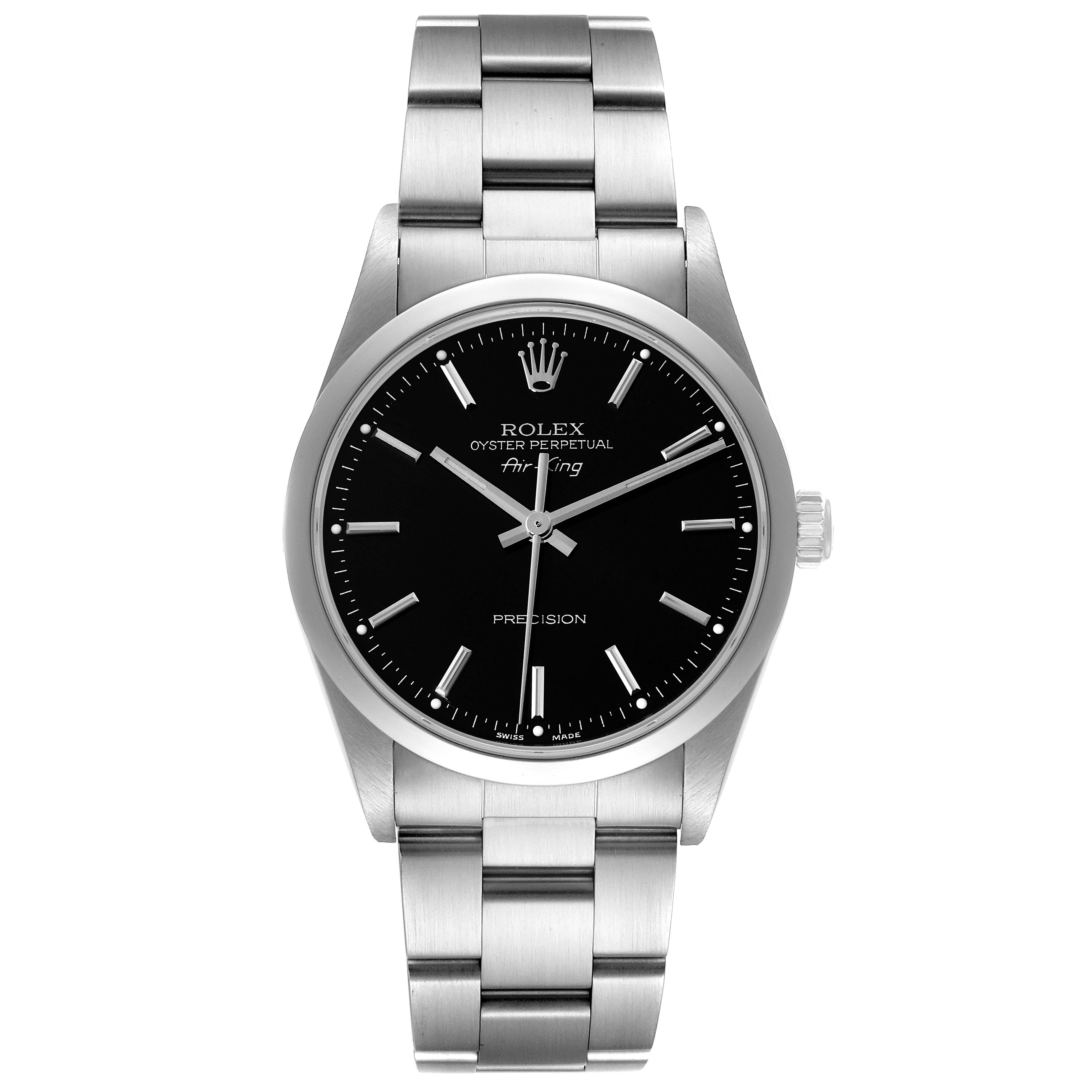 The image shows a front view of a Rolex Air-King 14000 Men's Stainless Steel Black Dial 14000 Men's Stainless Steel Black Dial watch, highlighting its face, bracelet, and bezel.
