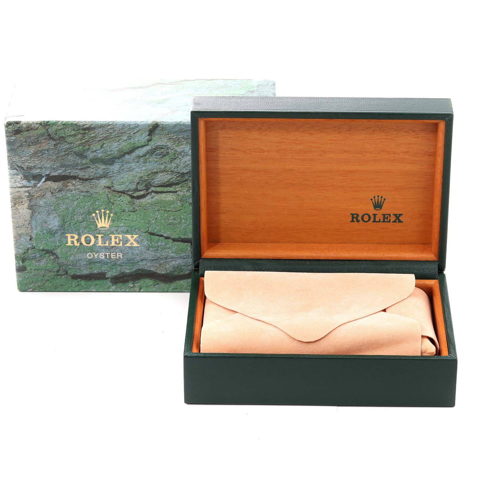 The image shows a Rolex Air-King 14000 Men's Stainless Steel Black Dial 14000 Men's Stainless Steel Black Dial box and a leather pouch, both viewed from the front angle.