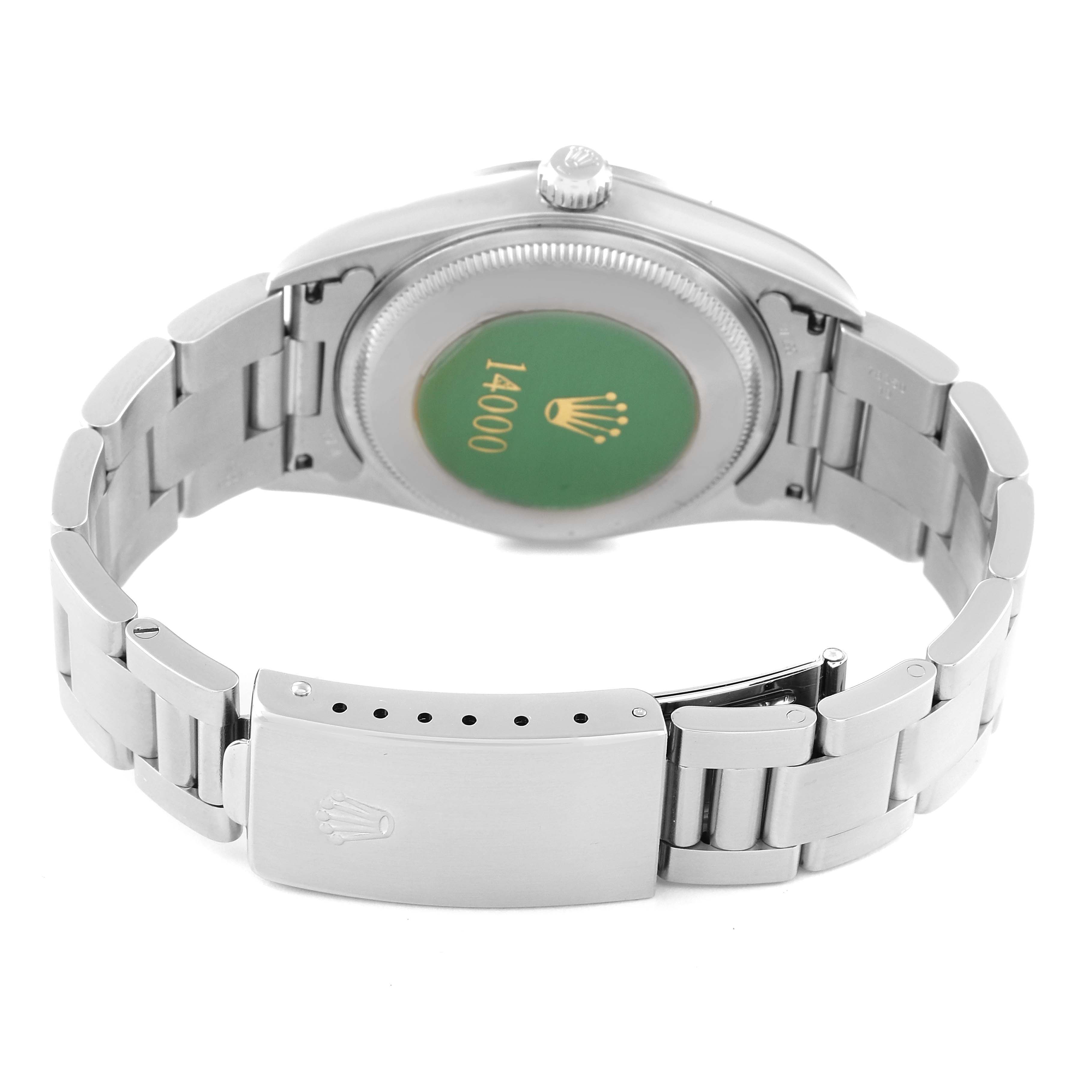 The image shows the back view and clasp of a Rolex Air-King 14000 Men's Stainless Steel Black Dial 14000 Men's Stainless Steel Black Dial watch, highlighting the bracelet and case back.