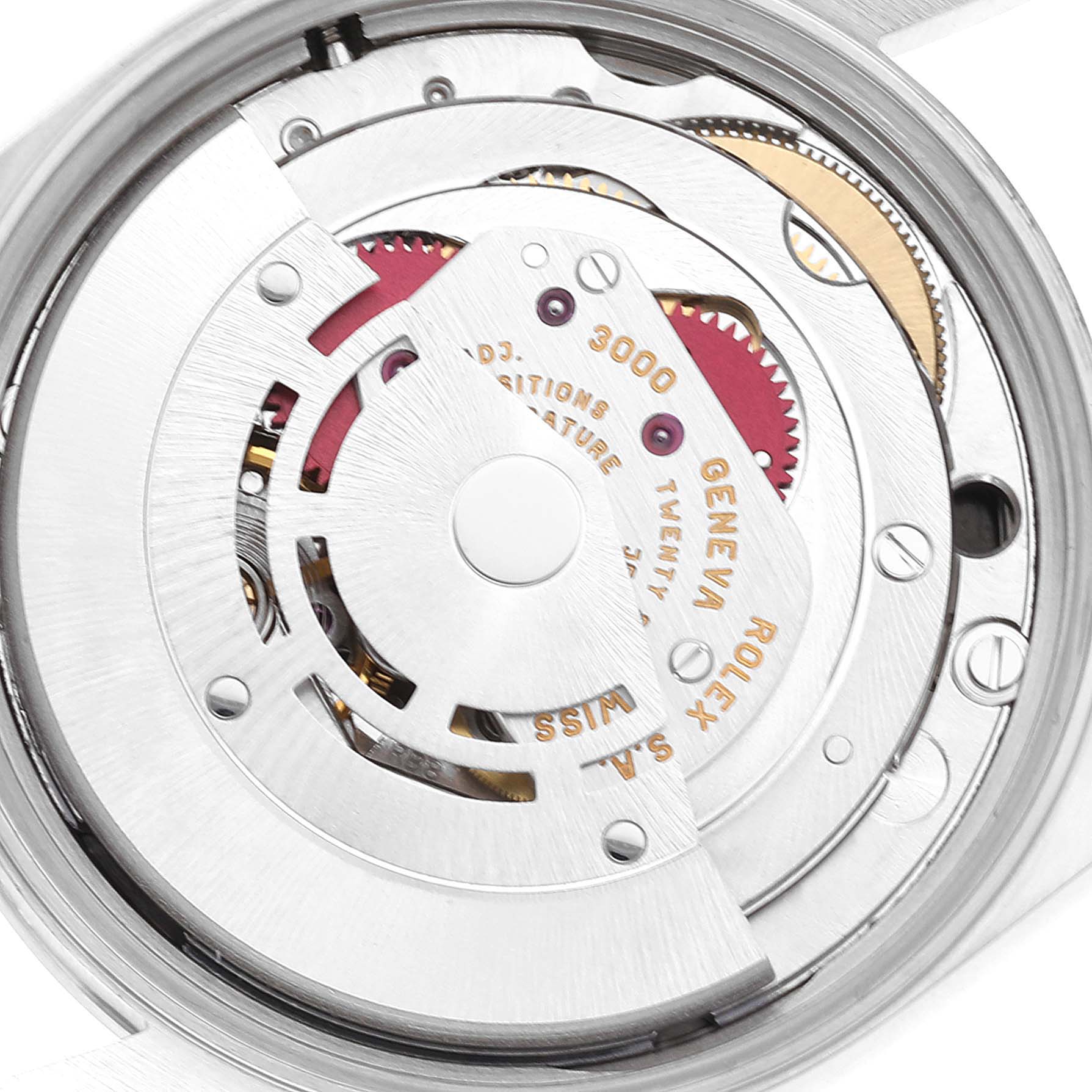 This image shows a close-up view of the movement mechanism of a Rolex Air-King 14000 Men's Stainless Steel Black Dial 14000 Men's Stainless Steel Black Dial watch.