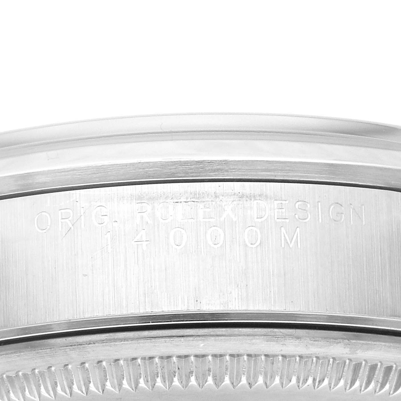 This image shows a close-up of the side and bezel of a Rolex Air-King 14000M Men's Stainless Steel Blue Dial 14000M Men's Stainless Steel Blue Dial watch, focusing on the engraved text "ORIG. ROLEX DESIGN" and "14000M".