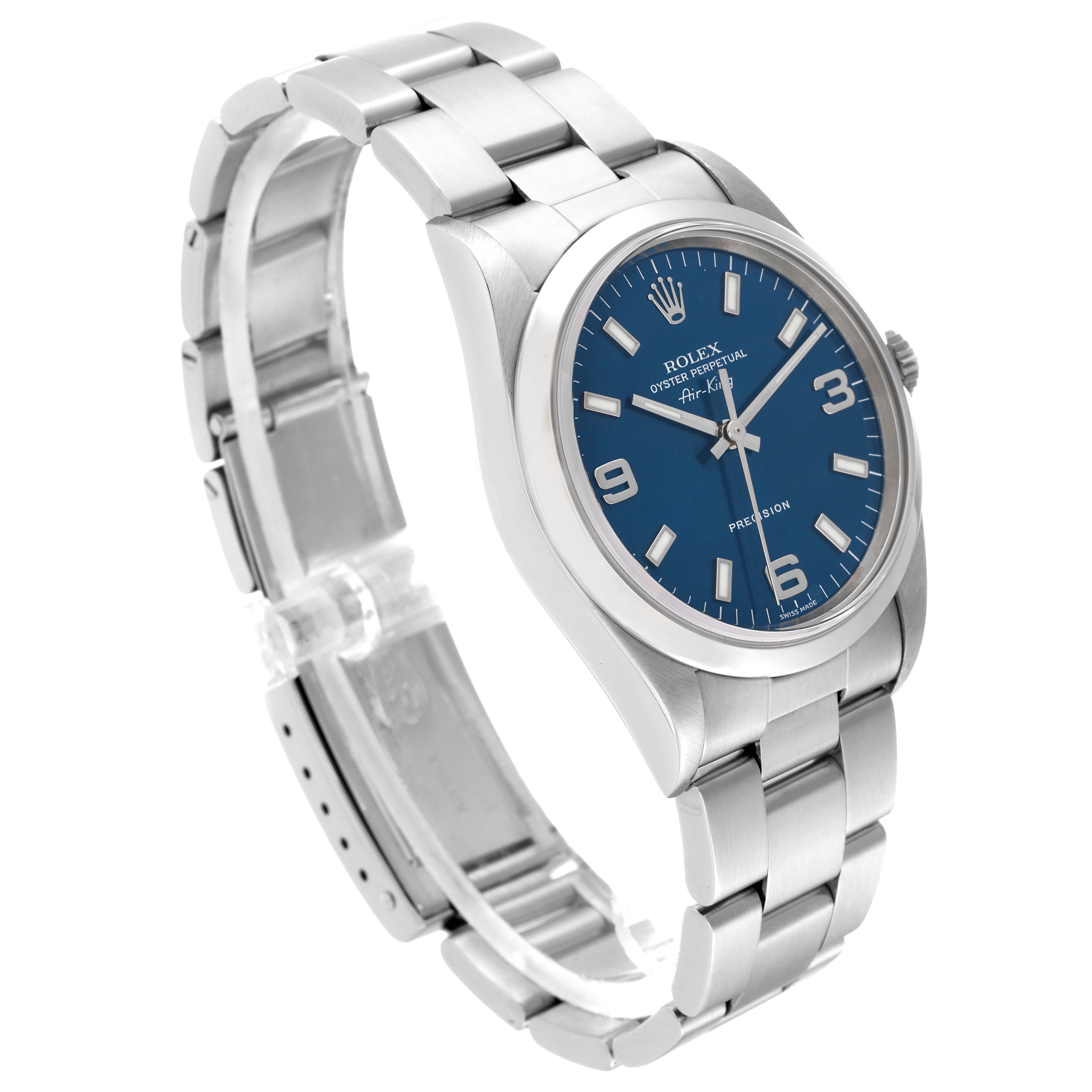 This image shows a side angle of the Rolex Air-King 14000M Men's Stainless Steel Blue Dial 14000M Men's Stainless Steel Blue Dial watch, highlighting the face, bracelet, and clasp.