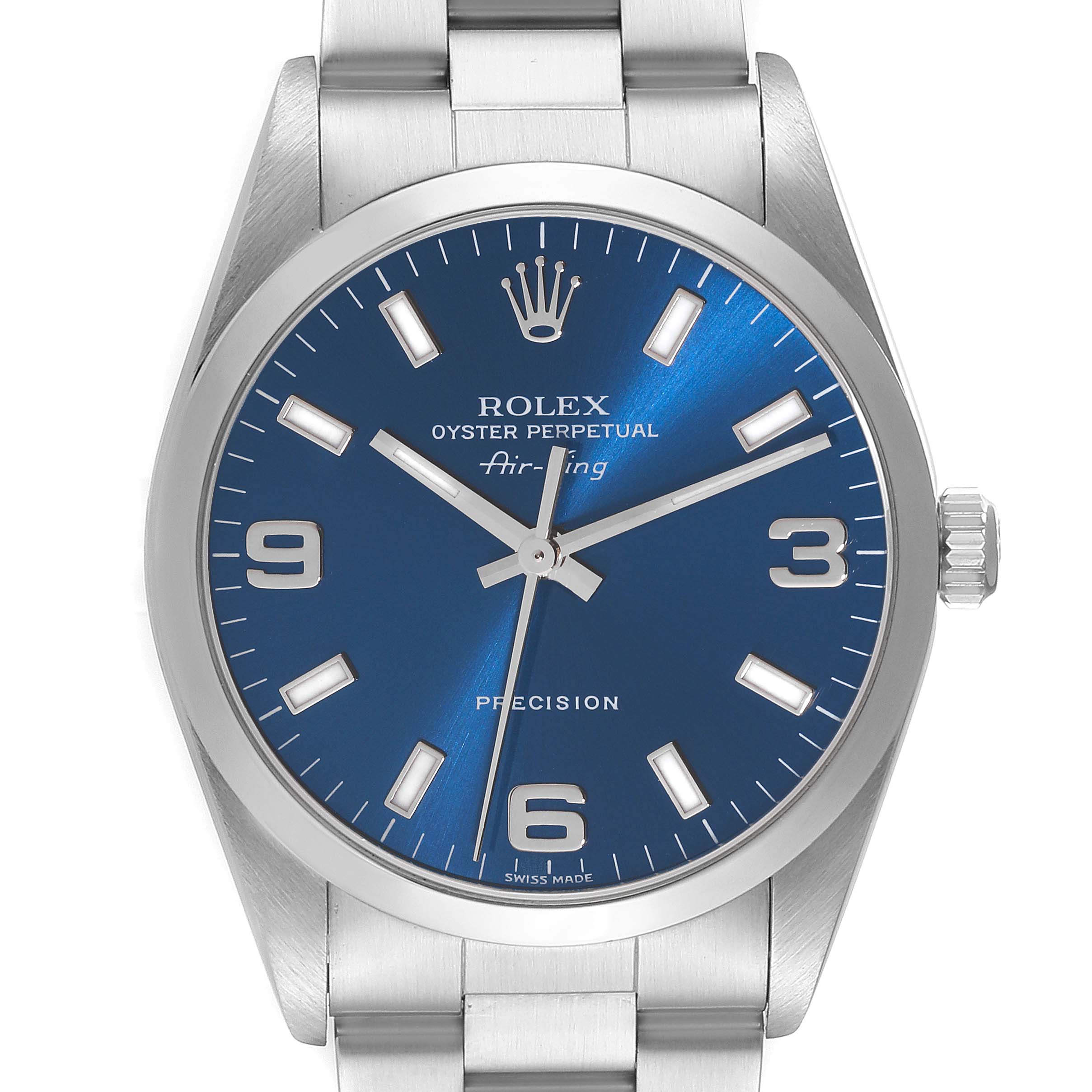 This is a front view of a Rolex Air-King 14000M Men's Stainless Steel Blue Dial 14000M Men's Stainless Steel Blue Dial watch, showing the dial, hour markers, hands, crown, and part of the bracelet.