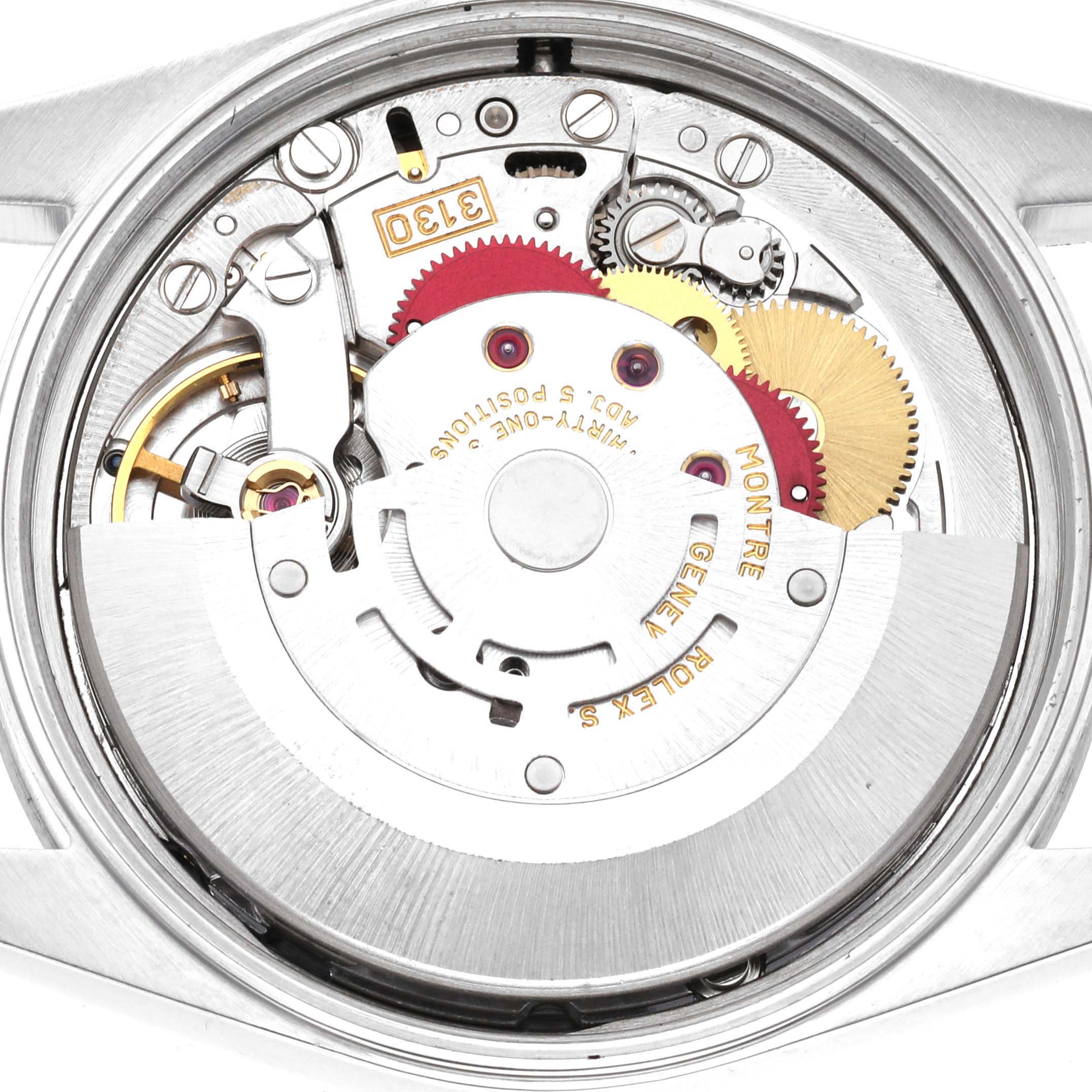 This image shows the open case of a Rolex Air-King 14000M Men's Stainless Steel Blue Dial 14000M Men's Stainless Steel Blue Dial watch, revealing its internal mechanical movement components.