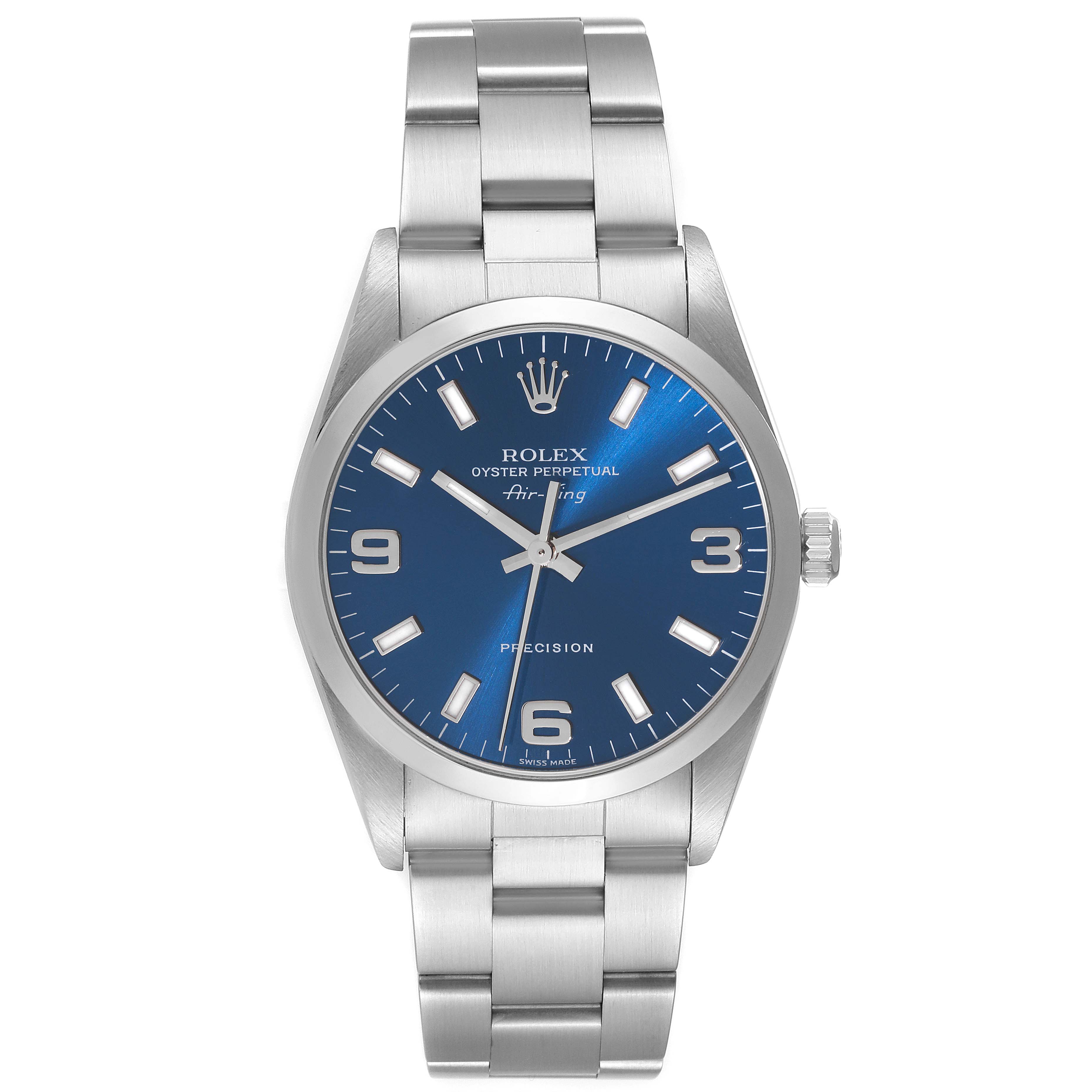 This is a front-facing image of a Rolex Air-King 14000M Men's Stainless Steel Blue Dial 14000M Men's Stainless Steel Blue Dial watch, showing its blue dial and stainless steel bracelet.