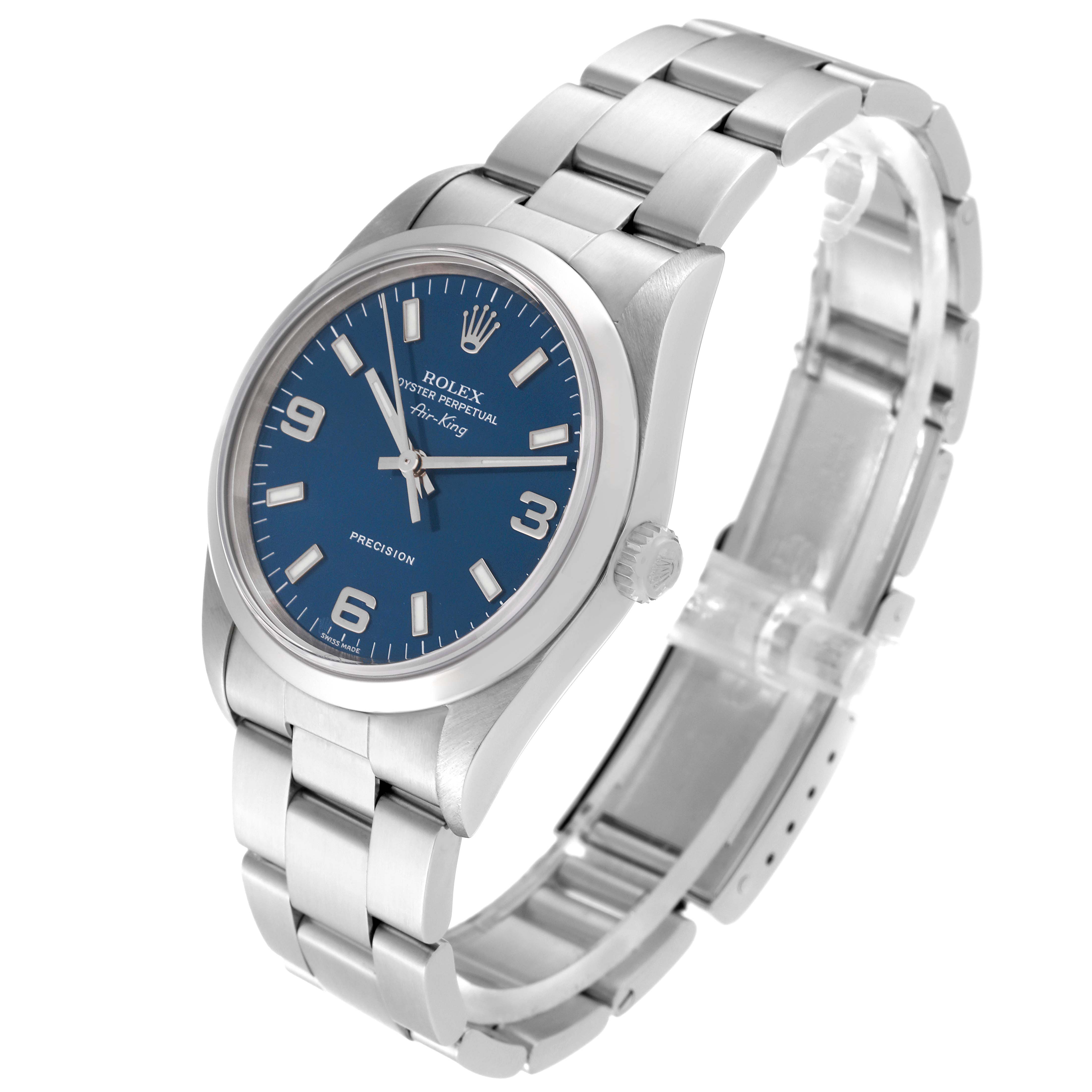 The image shows a Rolex Air-King 14000M Men's Stainless Steel Blue Dial 14000M Men's Stainless Steel Blue Dial watch at a slight angle, showcasing the face, crown, and bracelet.