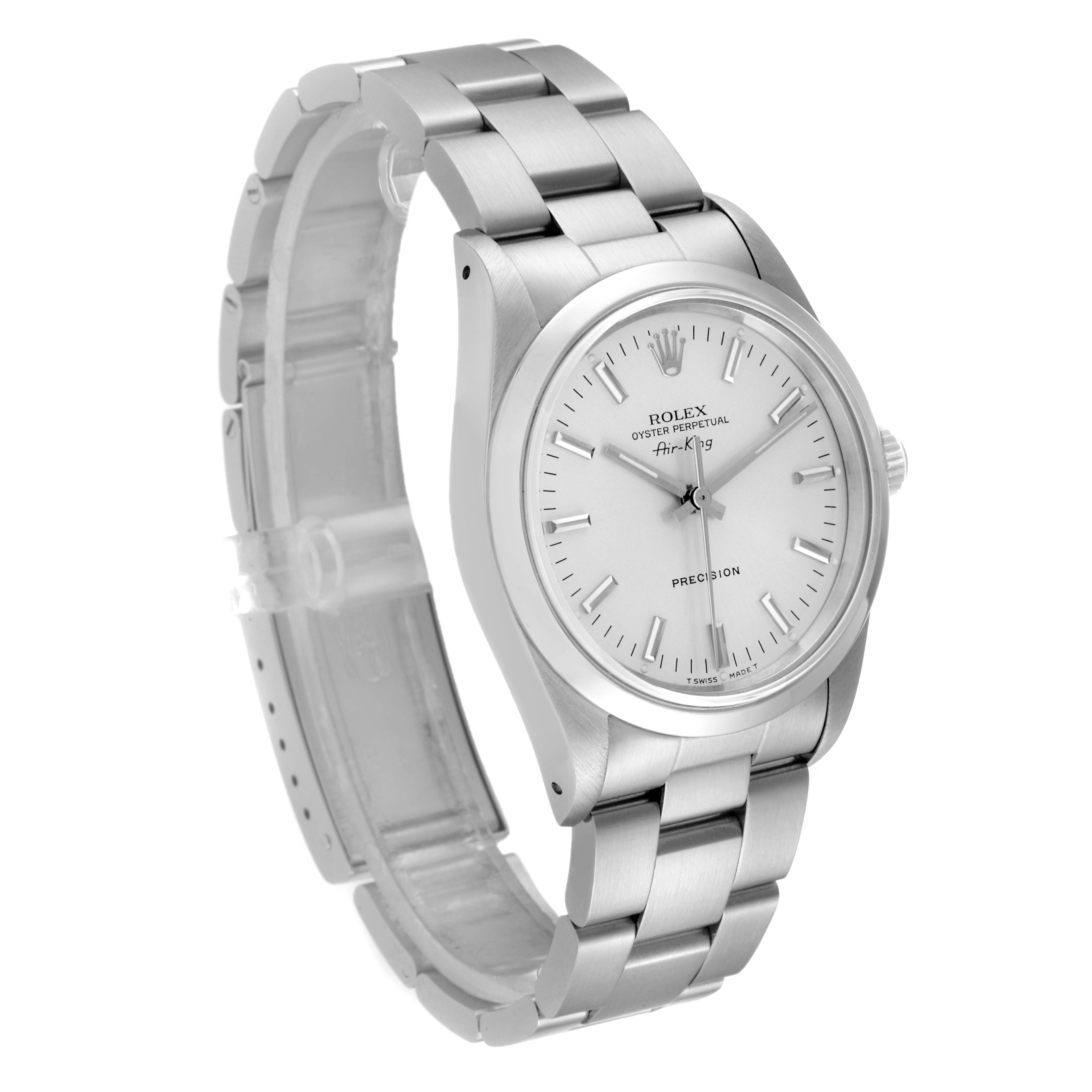This image shows a Rolex Air-King 14000 Men's Stainless Steel Silver Dial 14000 Men's Stainless Steel Silver Dial watch at a 3/4 angle, revealing the face, bezel, crown, and bracelet links.