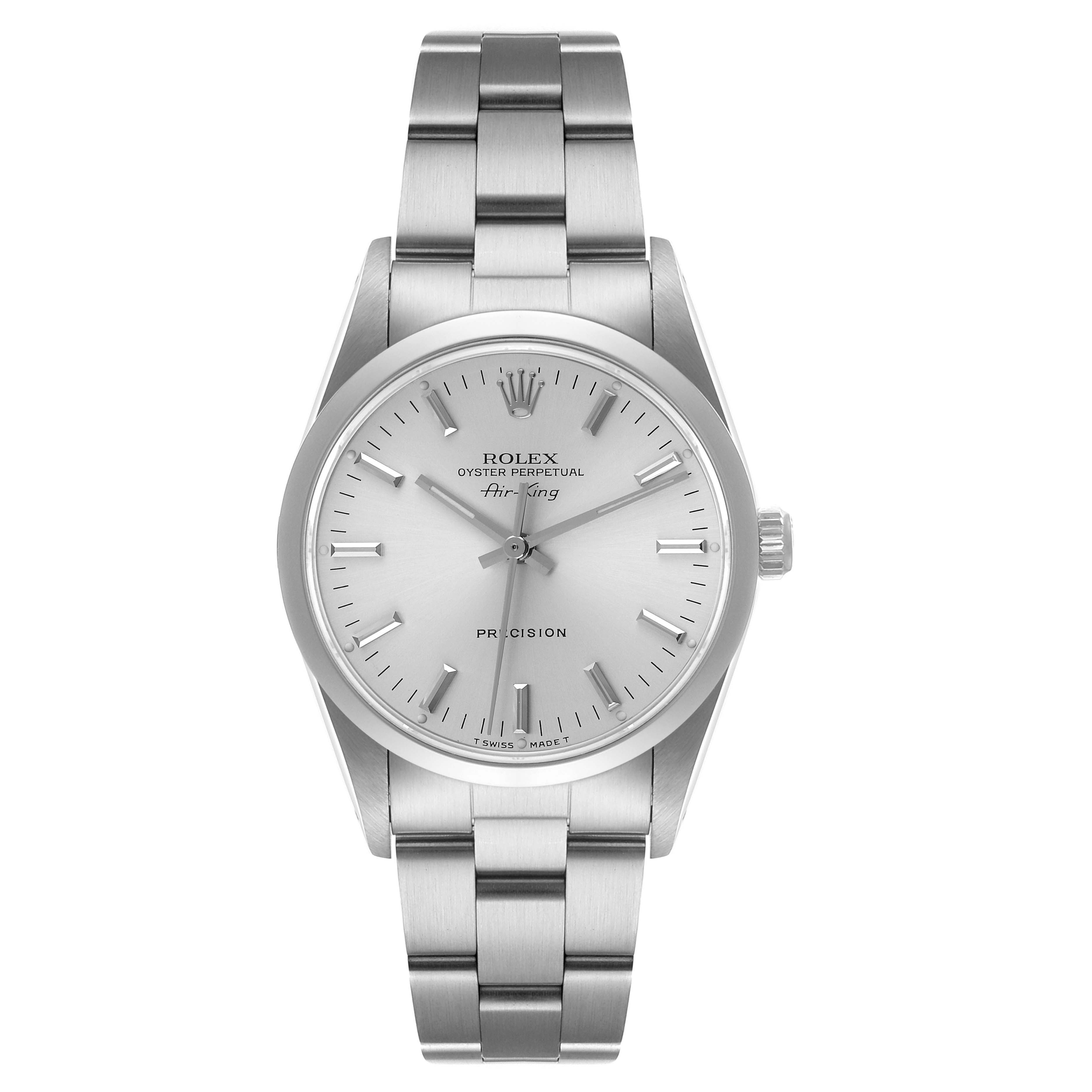 The image shows a frontal view of a Rolex Air-King 14000 Men's Stainless Steel Silver Dial 14000 Men's Stainless Steel Silver Dial watch, displaying the face, bezel, case, and bracelet.