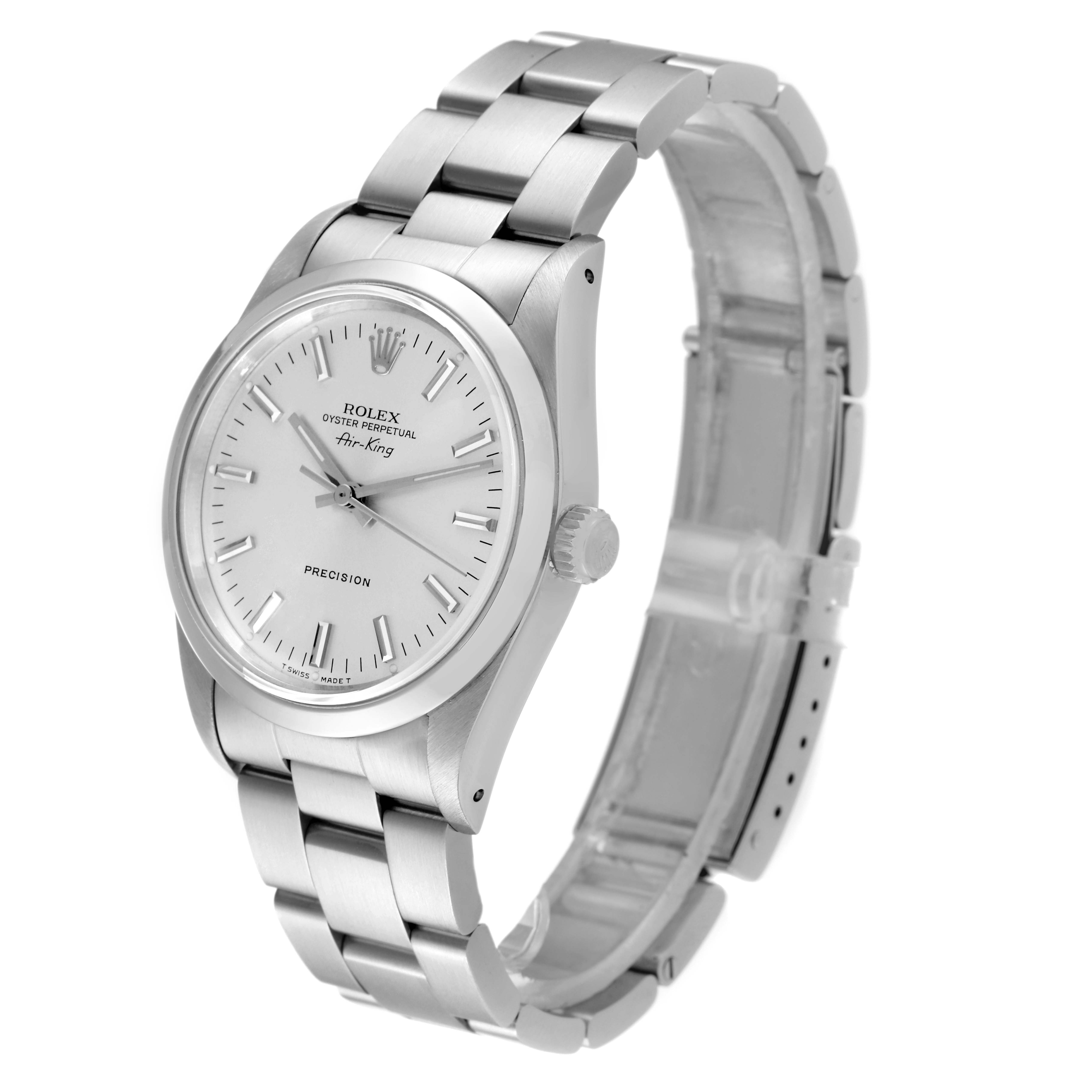 This image shows a Rolex Air-King 14000 Men's Stainless Steel Silver Dial 14000 Men's Stainless Steel Silver Dial watch taken from a three-quarter angle, displaying its face, bezel, crown, and bracelet.