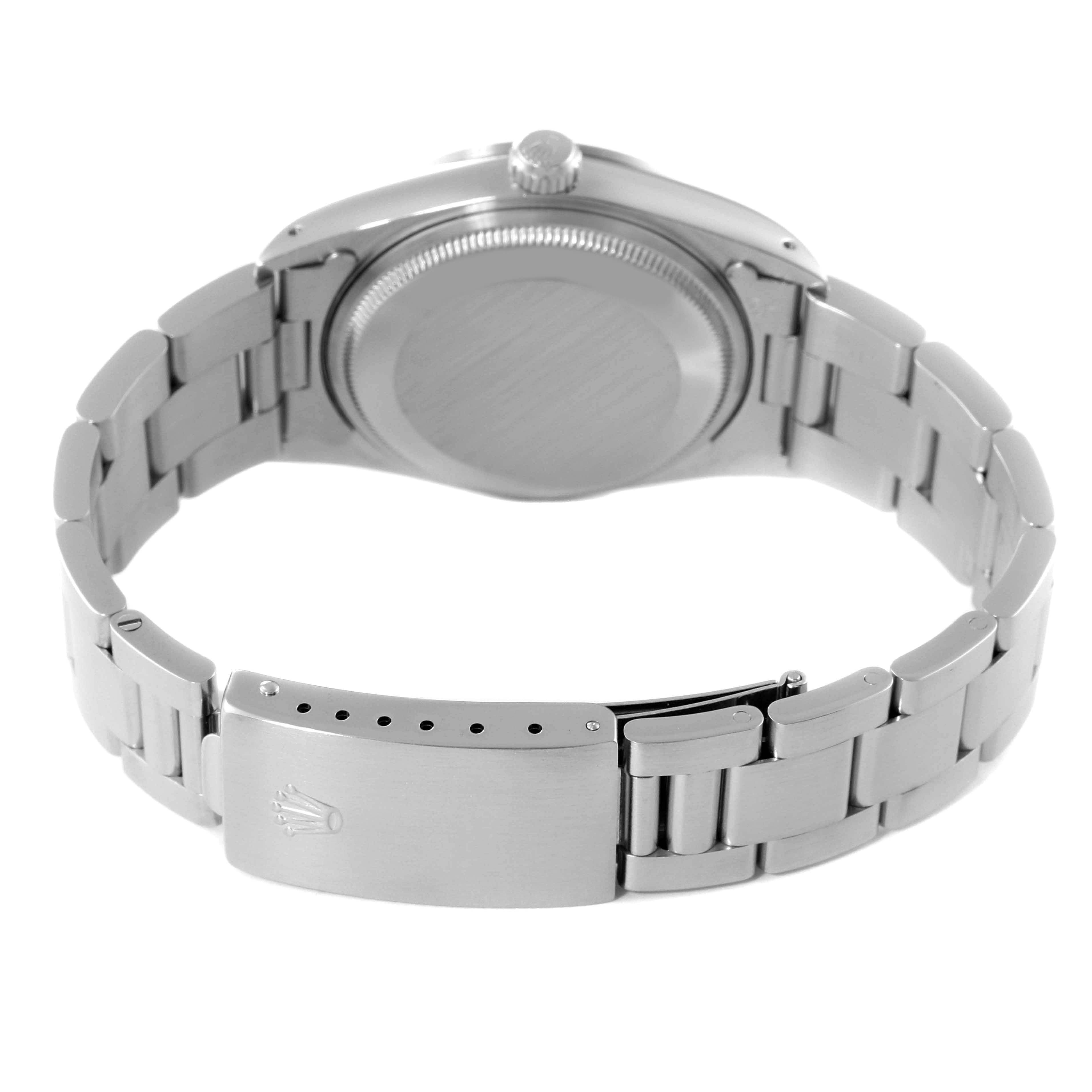 The image shows the back view of a Rolex Air-King 14000 Men's Stainless Steel Silver Dial 14000 Men's Stainless Steel Silver Dial watch, focusing on the bracelet, clasp, and case back.