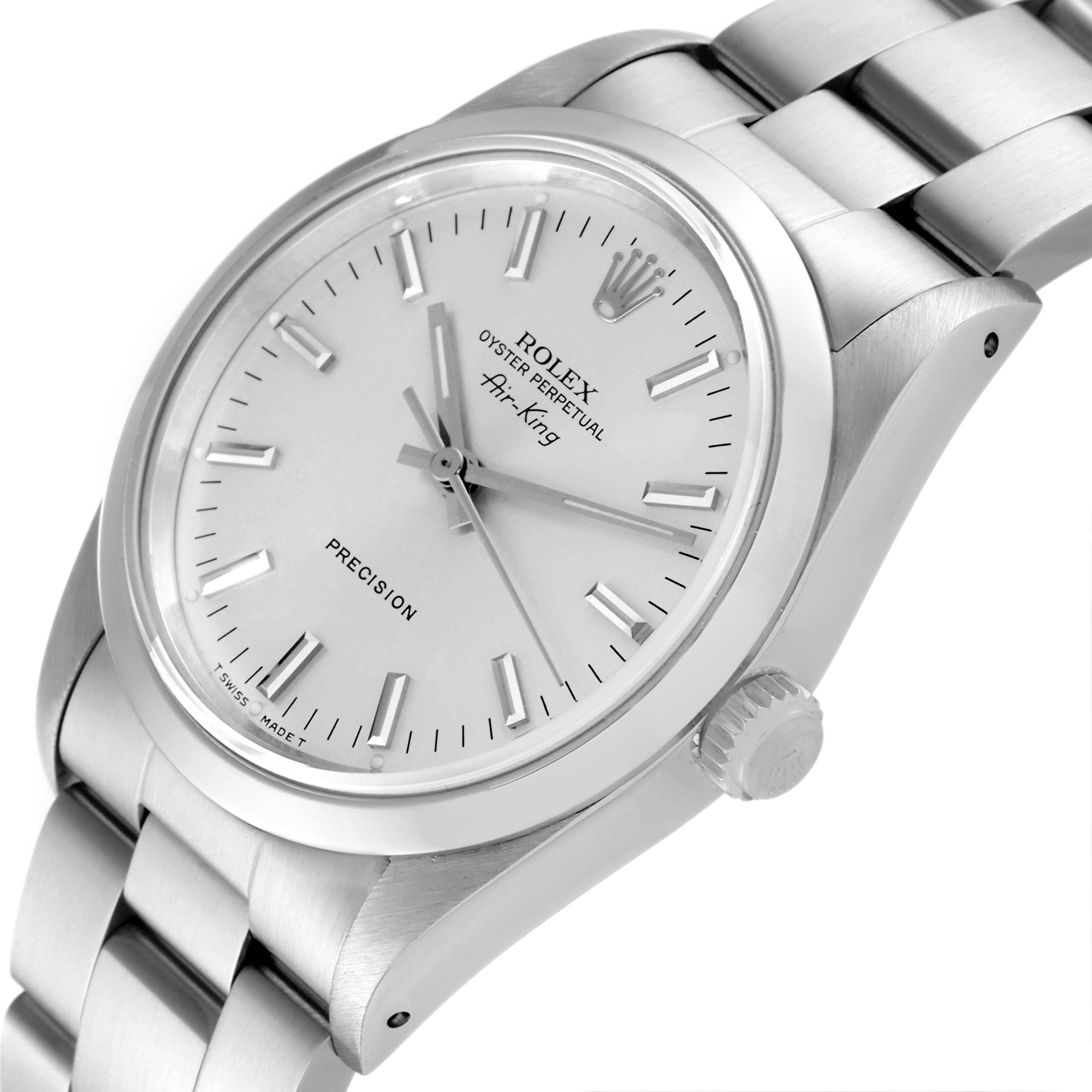 This Rolex Air-King 14000 Men's Stainless Steel Silver Dial 14000 Men's Stainless Steel Silver Dial watch is shown from a side angle, highlighting the face, crown, and part of the bracelet.