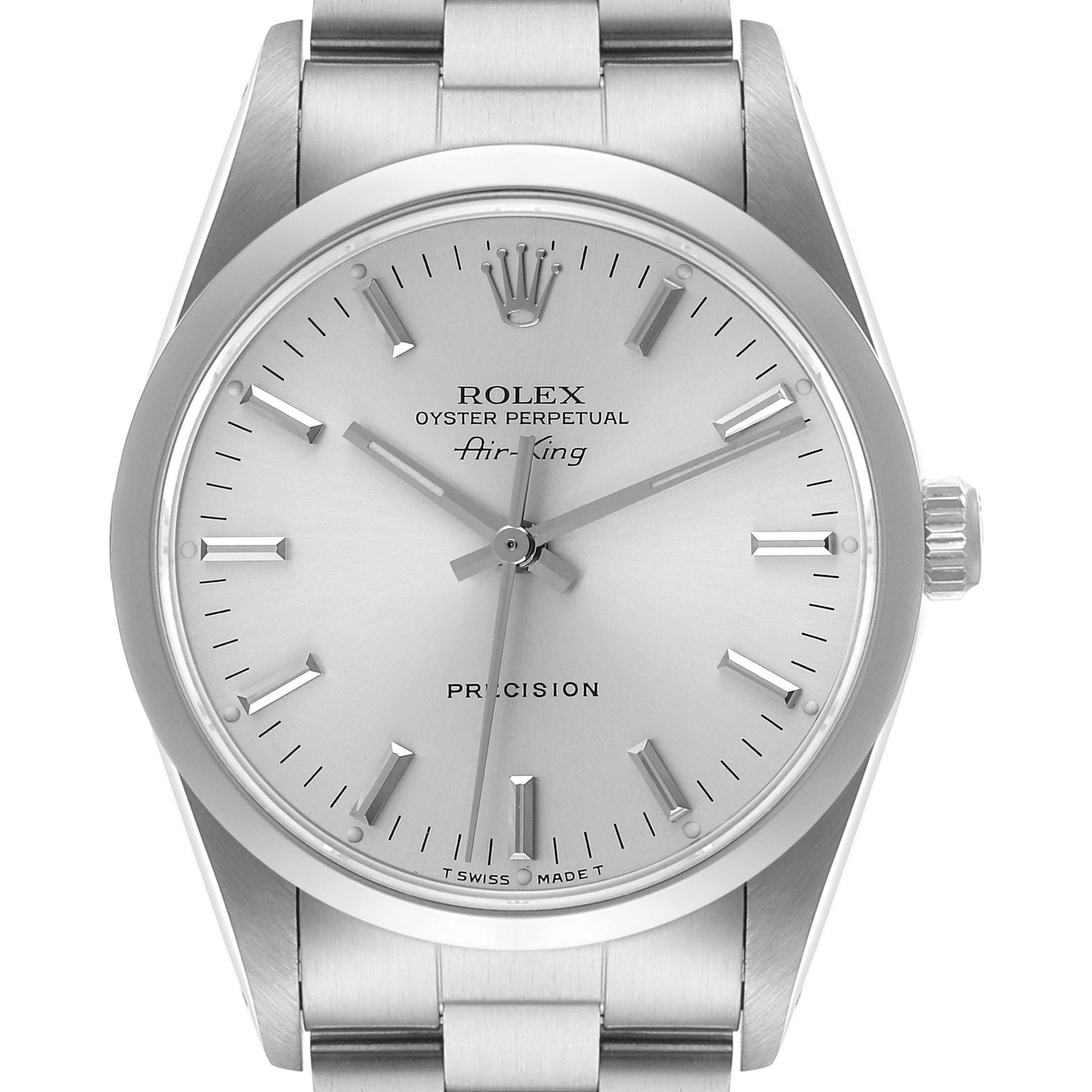 This image shows a front view of the dial and part of the bracelet of a Rolex Air-King 14000 Men's Stainless Steel Silver Dial 14000 Men's Stainless Steel Silver Dial watch.