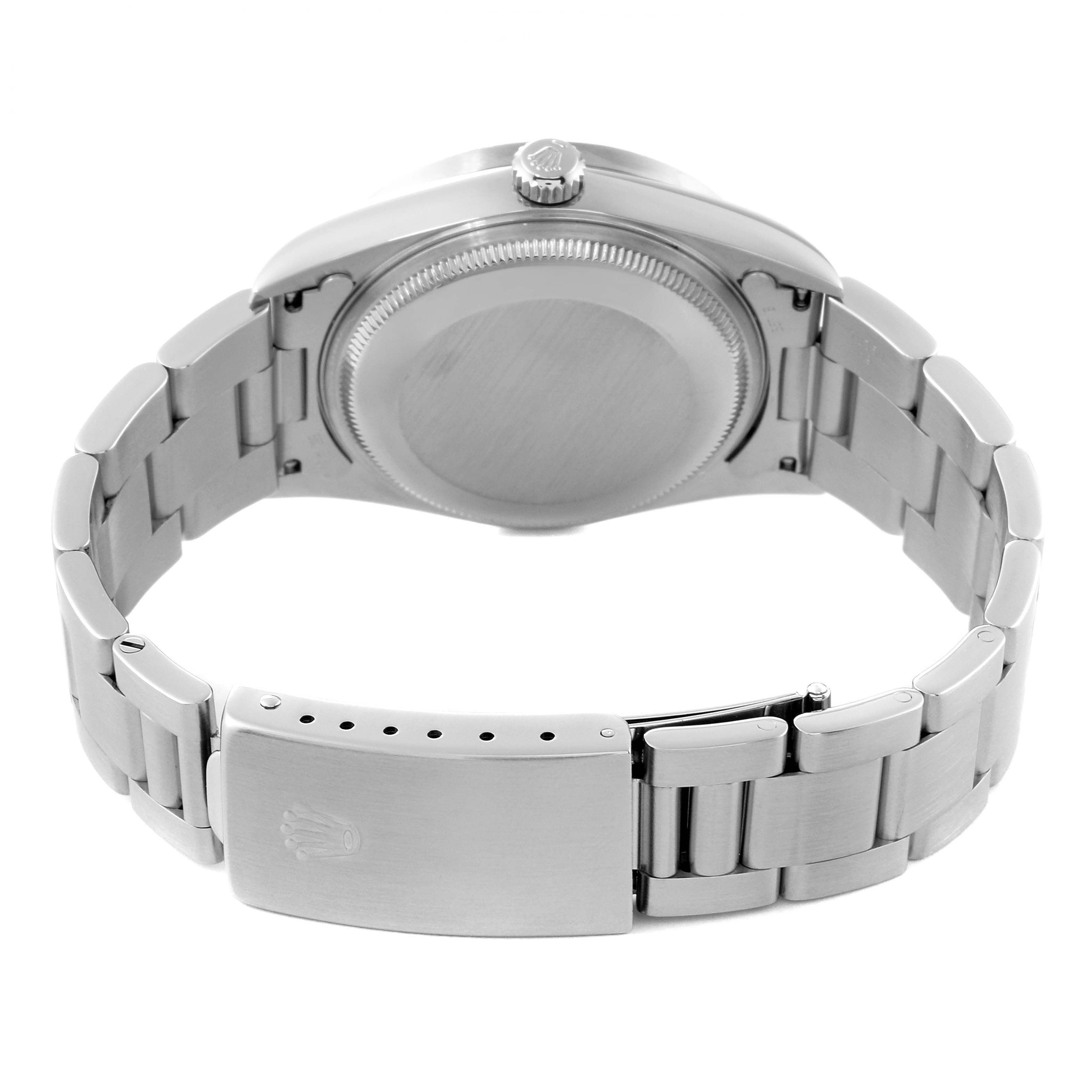 The image shows the back case and closed clasp of a Rolex Air-King 14010 Men's Stainless Steel White Dial 14010 Men's Stainless Steel White Dial watch at an angled rear view.