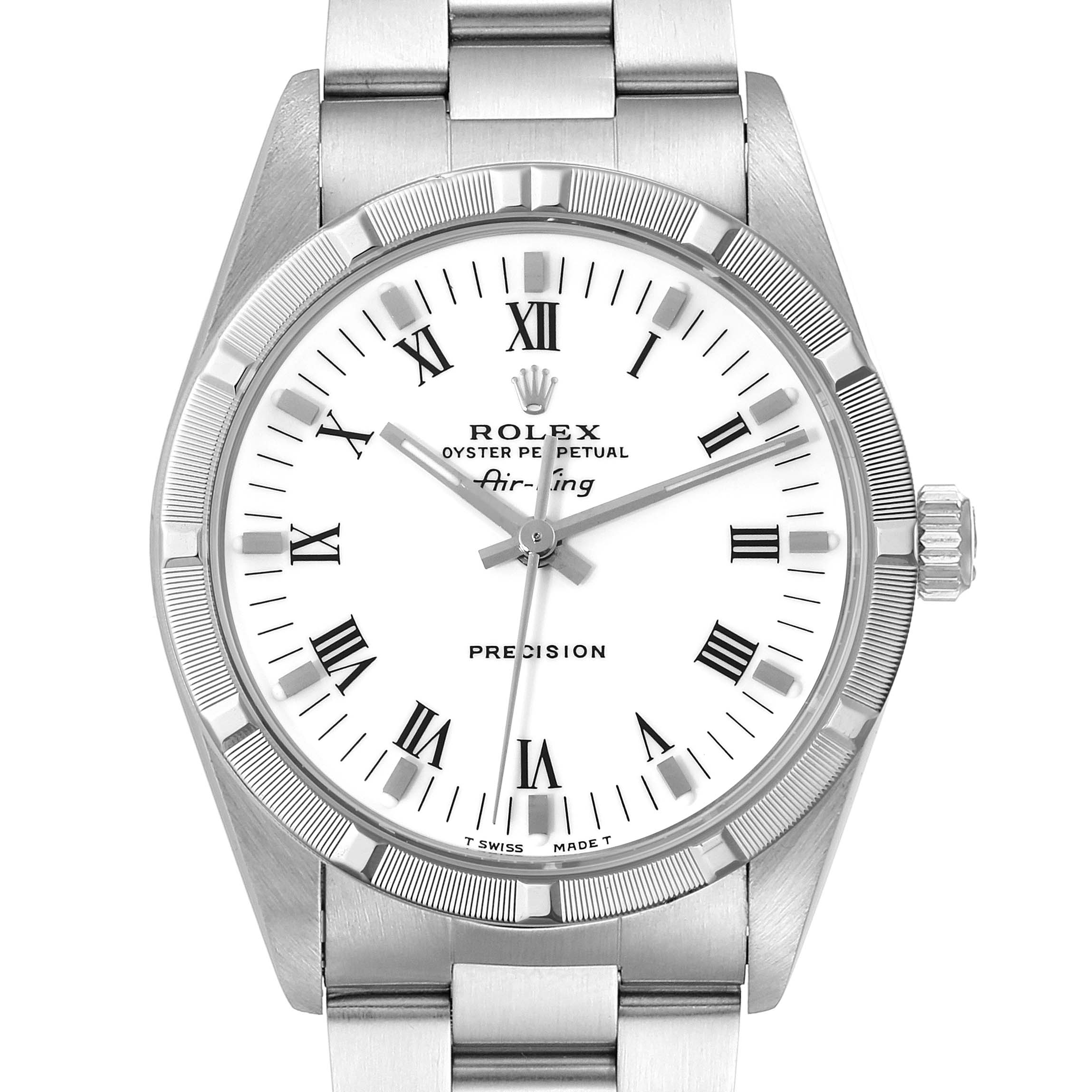 The image shows a frontal view of the Rolex Air-King 14010 Men's Stainless Steel White Dial 14010 Men's Stainless Steel White Dial watch, highlighting its dial, bezel, and part of the stainless steel bracelet.