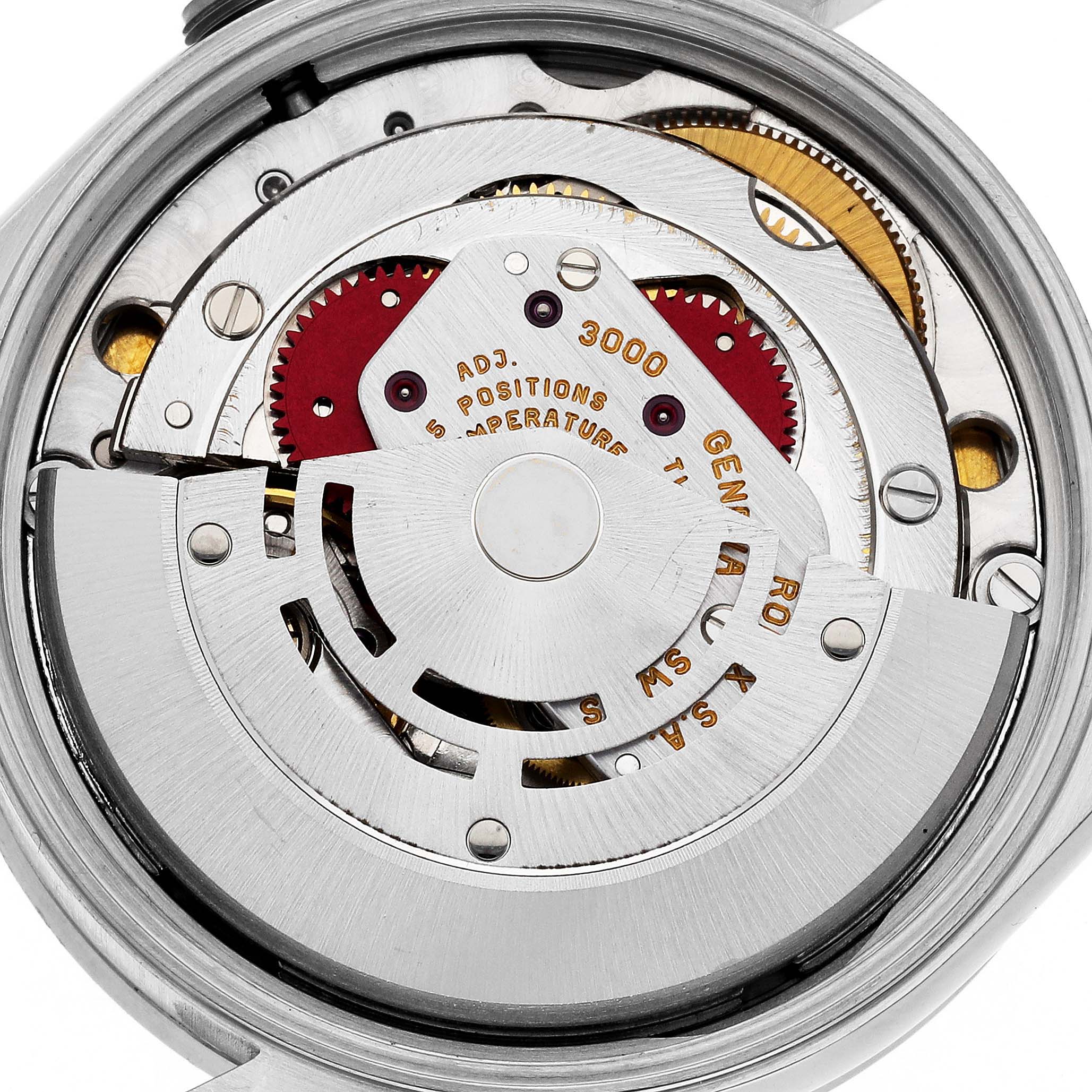 This image shows the internal mechanical movement of the Rolex Air-King 14010 Men's Stainless Steel White Dial 14010 Men's Stainless Steel White Dial watch at a close-up angle.