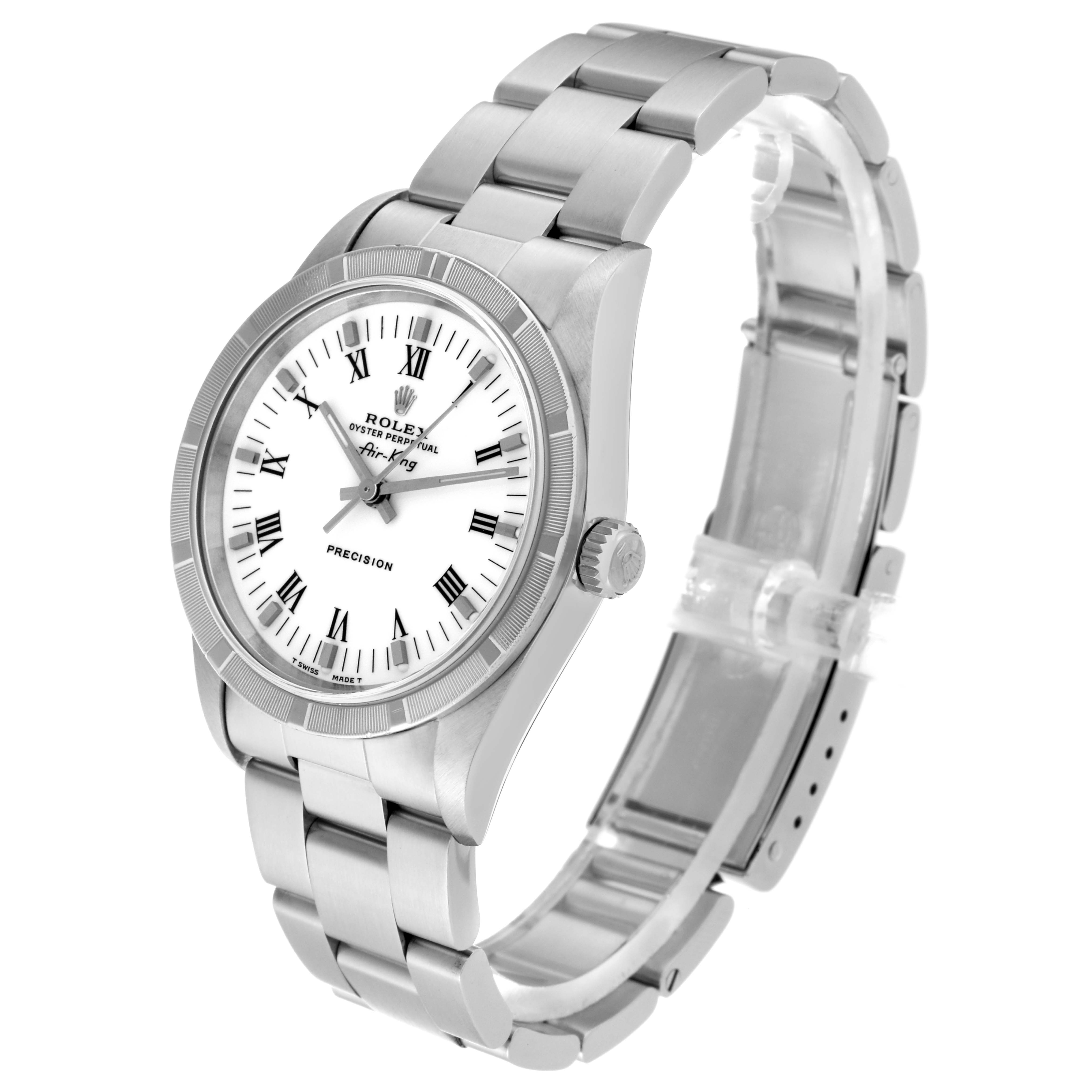 The image shows a side angle of a Rolex Air-King 14010 Men's Stainless Steel White Dial 14010 Men's Stainless Steel White Dial watch, displaying its face, bezel, crown, and bracelet.