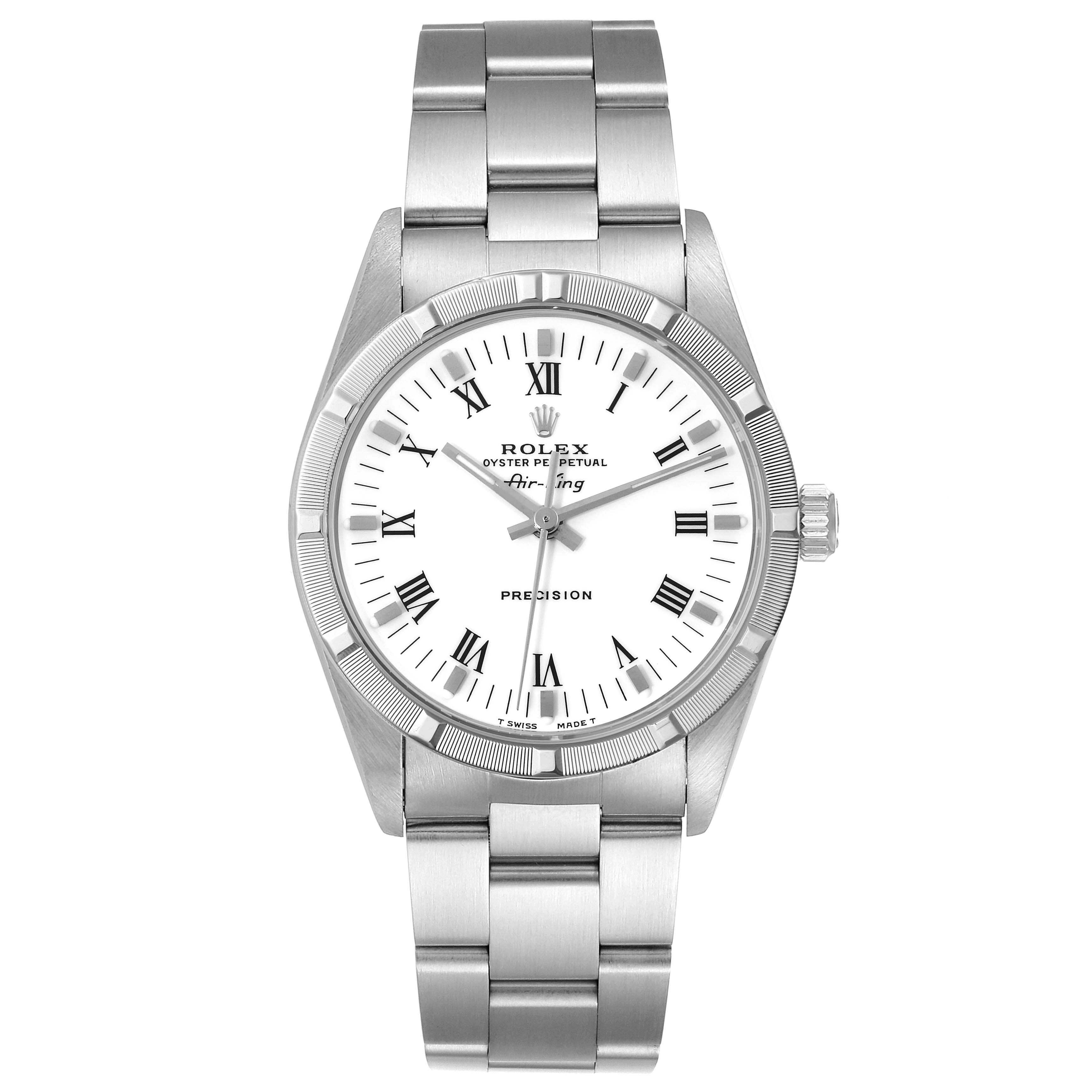 The image shows a front view of a Rolex Air-King 14010 Men's Stainless Steel White Dial 14010 Men's Stainless Steel White Dial watch, displaying its dial, bezel, crown, and bracelet.