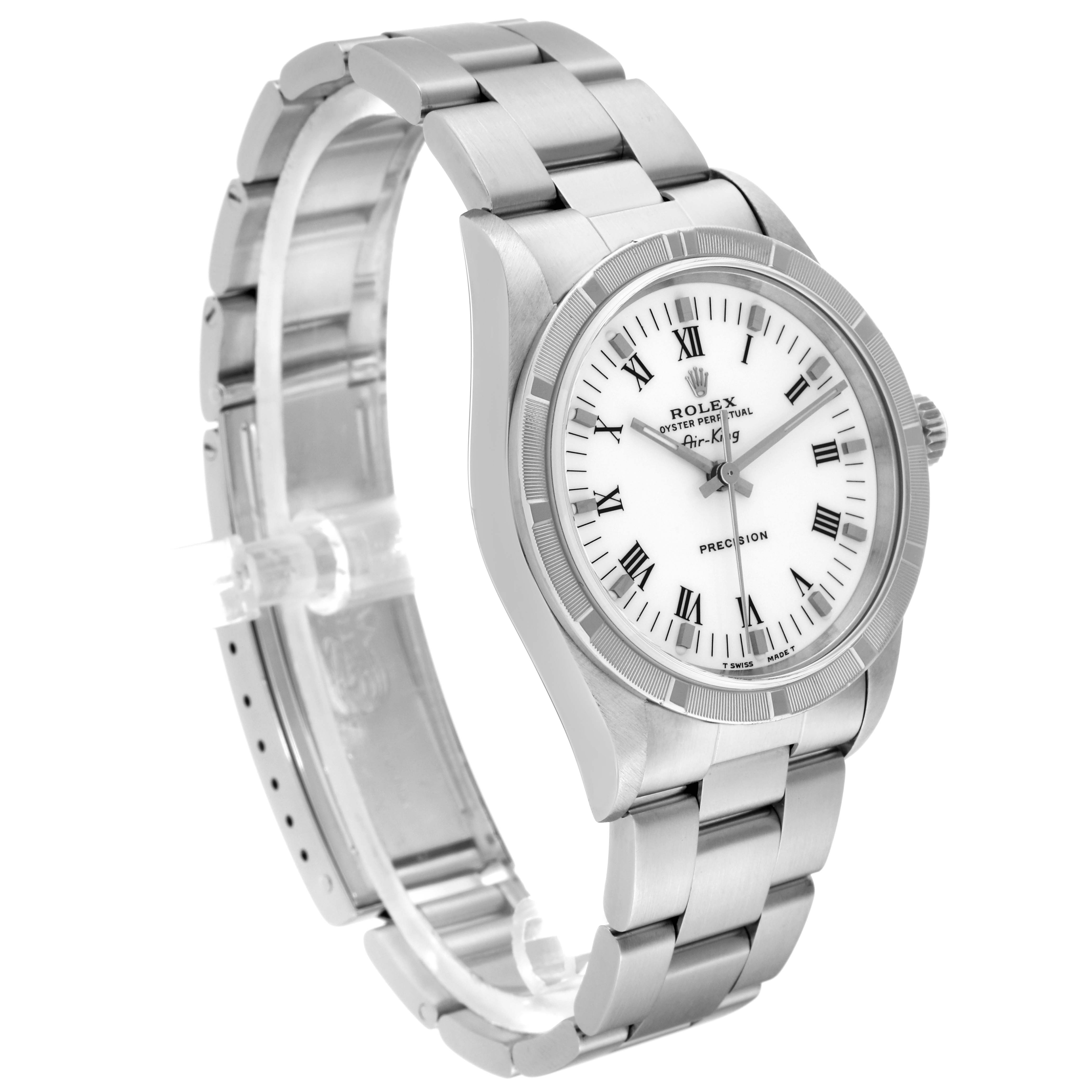 The image shows a side angle view of the Rolex Air-King 14010 Men's Stainless Steel White Dial 14010 Men's Stainless Steel White Dial watch, displaying its face, bezel, and bracelet.