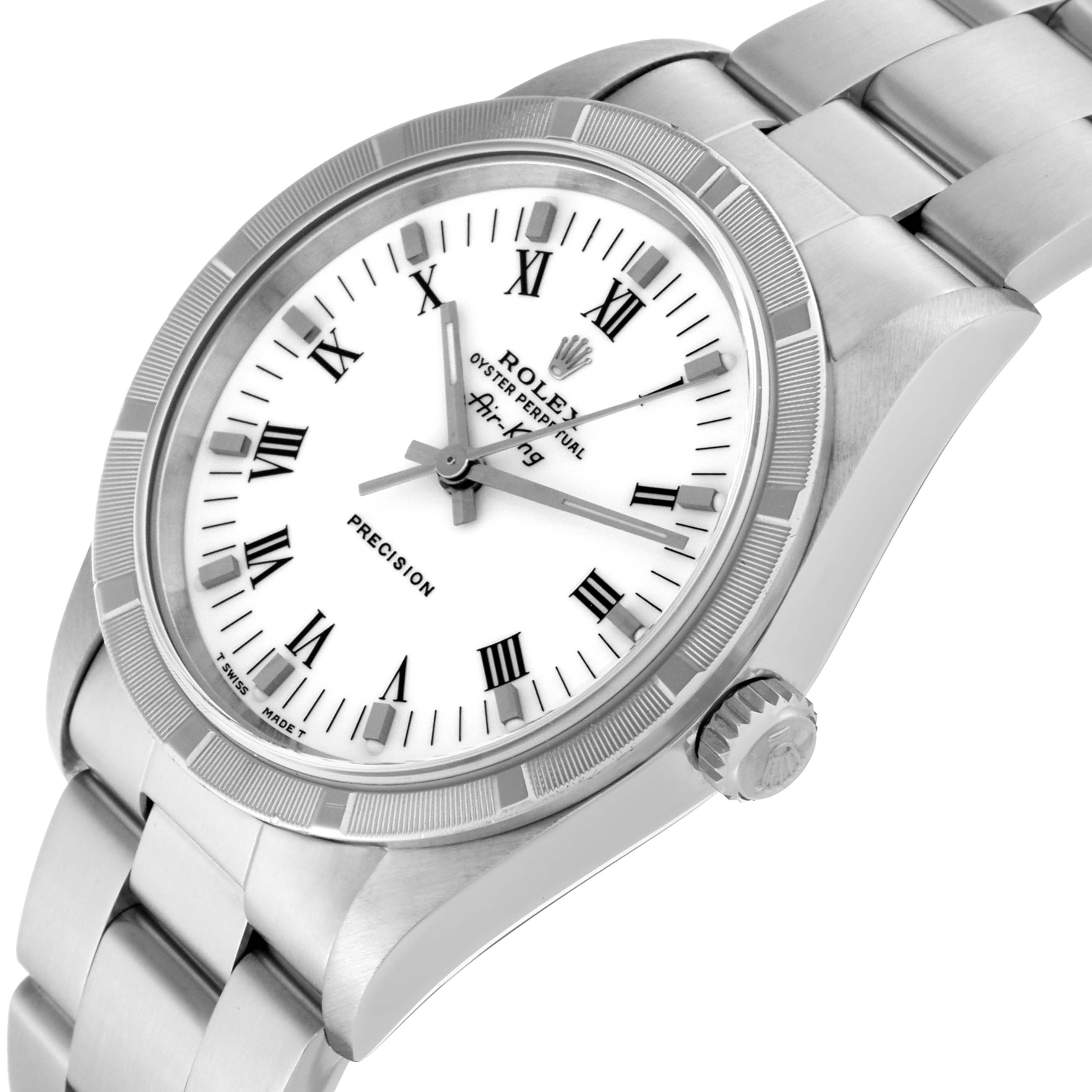 The Rolex Air-King 14010 Men's Stainless Steel White Dial 14010 Men's Stainless Steel White Dial watch is shown at a tilted angle, highlighting its dial, bezel, crown, and part of the bracelet.