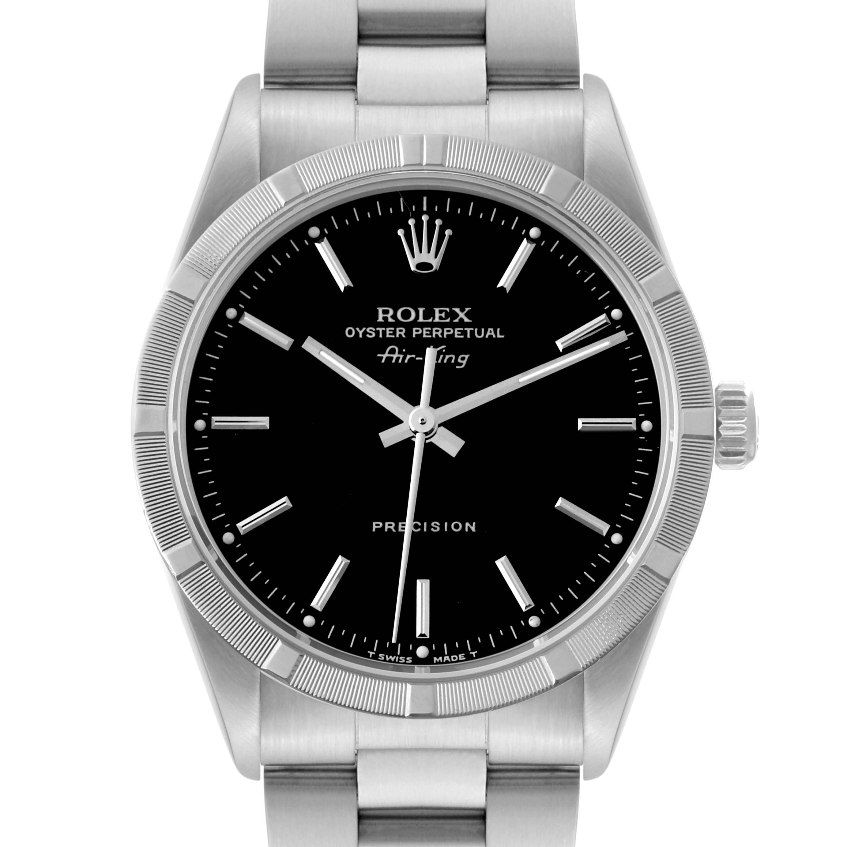 The image shows a front view of a Rolex Air-King 14010 Men's Stainless Steel Black Dial 14010 Men's Stainless Steel Black Dial watch, highlighting the black dial, bezel, crown, and bracelet.
