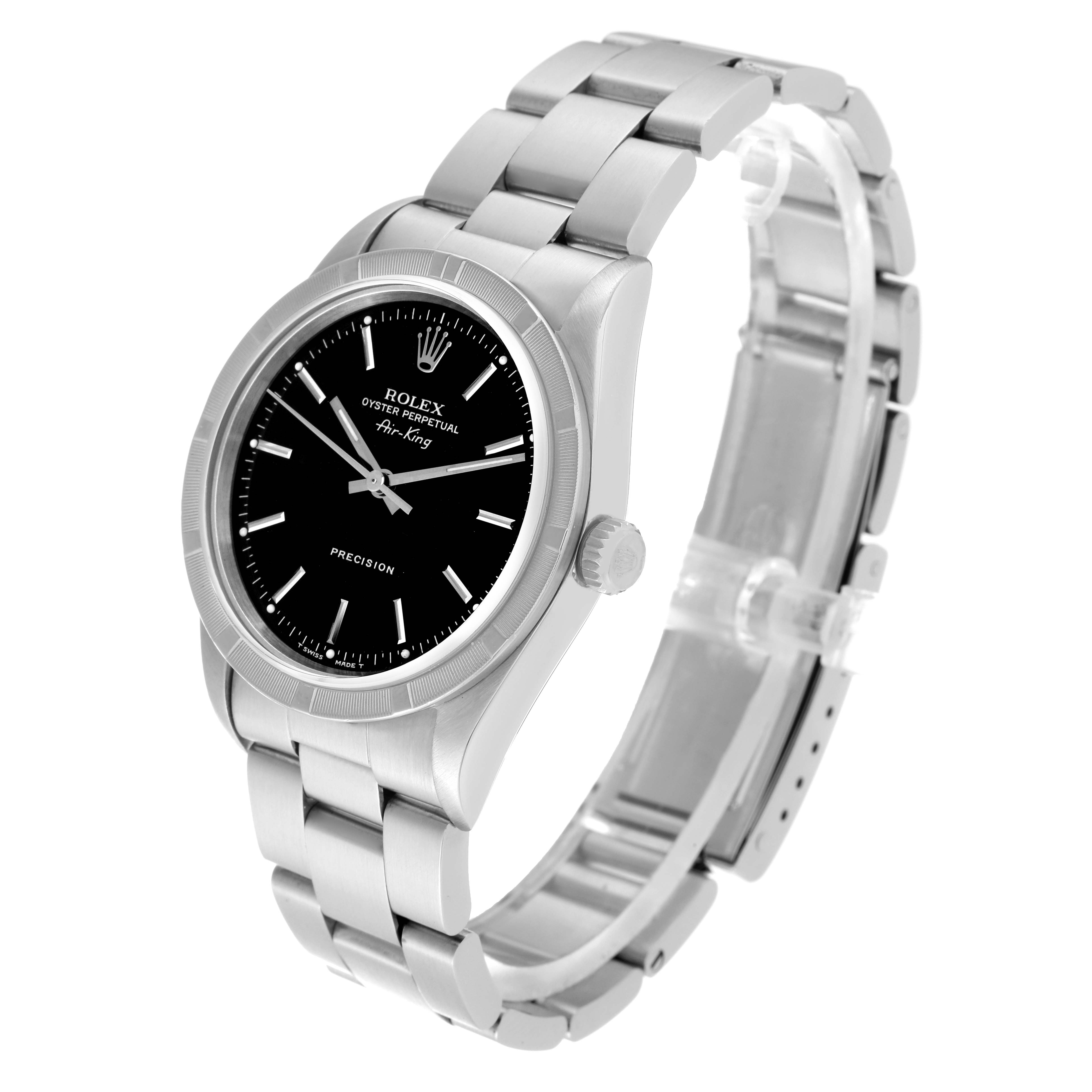 The Rolex Air-King 14010 Men's Stainless Steel Black Dial 14010 Men's Stainless Steel Black Dial watch is shown at a slight angle, highlighting the face, bezel, crown, and part of the bracelet.